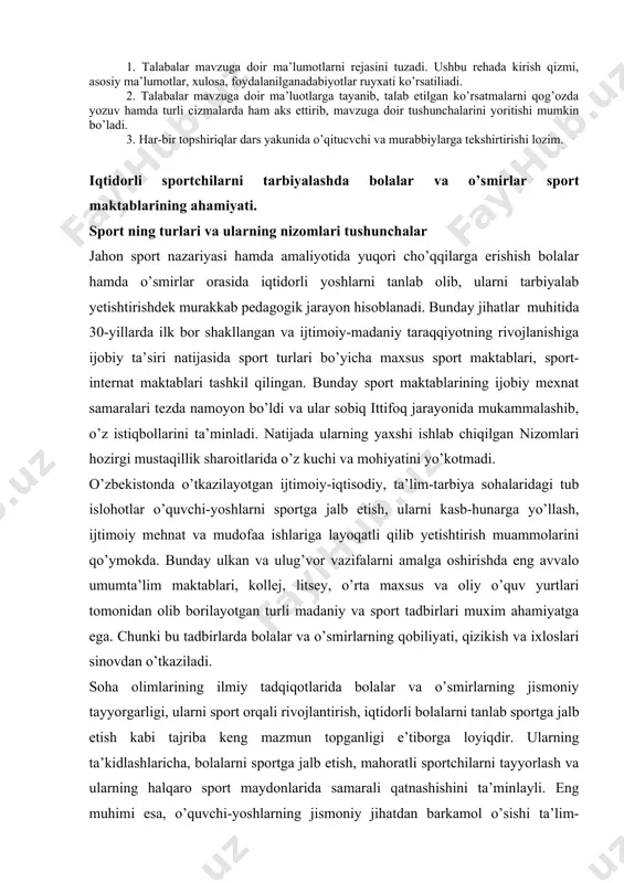 iyalab yetishtirishdek murakkab pedagogik jarayon hisoblanadi. bunday jihatlar muhitida 30-yillarda ilk bor shakllangan va ijtimoiy-madaniy taraqqiyotning rivojlanishiga ijobiy ta’siri natijasida sport turlari bo’yicha maxsus sport maktablari, sport-internat maktablari tashkil qilingan. bunday sport maktablarining ijobiy mexnat samaralari tezda namoyon bo’ldi va ular sobiq ittifoq jarayonida mukammalashib, o’z istiqbollarini ta’minladi. natijada ularning yaxshi ishlab chiqilgan nizomlari hozirgi mustaqillik sharoitlarida o’z kuchi va mohiyatini yo’kotmadi. o’zbekistonda o’tkazilayotgan ijtimoiy-iqtisodiy, ta’lim-tarbiya sohalaridagi tub islohotlar o’quvchi-yoshlarni sportga jalb etish, ularni kasb-hunarga yo’llash, ijtimoiy mehnat va mudofaa ishlariga layoqatli qilib yetishtirish muammolarini qo’ymokda. bunday ulkan va ulug’vor vazifalarni amalga oshirishda eng avvalo umumta’lim maktablari, kollej, litsey, o’rta maxsus va oliy o’quv yurtlari tomonidan olib borilayotgan turli madaniy va sport tadbirlari muxim ahamiyatga ega. chunki bu tadbirlarda bolalar va o’smirlarning qobiliyati, qizikish va ixloslari sinovdan o’tkaziladi. soha olimlarining ilmiy tadqiqotlarida bolalar va o’smirlarning jismoniy tayyorgarligi, ularni sport orqali rivojlantirish, iqtidorli bolalarni tanlab sportga jalb etish kabi tajriba keng …