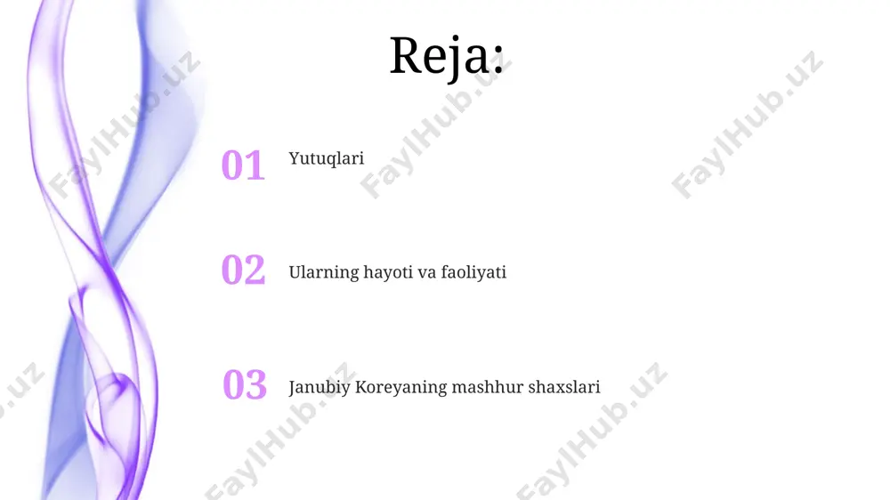 n 2019 yilda olimpiada o'yinlarida birinchi o'rinni egallab, mamlakat shuhratini oshirdi va yosh avlod uchun namuna bo'ldi. janubiy koreyaning ilm-fan namoyandalari janubiy koreyaning tibbiyot sohasidagi mutaxassislari 21-asrda genetika va biotexnologiya sohalarida 100 dan ortiq patentiga ega bo'lib, global sog'liqni saqlash tizimiga sezilarli hissa qo'shdilar. 1990-yillardan boshlab, janubiy koreya olimlari yarim o'tkazgichlar va elektronika sohasida sezilarli yutuqlarga erishishdi, dunyo bozorida 500 dan ortiq kompaniyalarni ishga tushirishdi. e'tiboringiz uchun rahmat @taqdimot_robot image4.jpg image5.jpg image6.jpg image7.jpg image8.jpg image1.jpeg image2.jpeg image3.jpeg