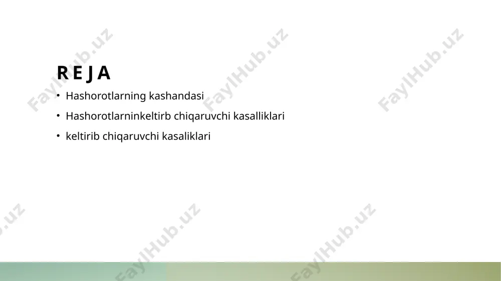 arni kamaytiradi va ekologik xavfsizlikni oshiradi. hashorotlarni keltirib chiqaruvchi kasalliklarning turlari va ularning ekosistemadagi o'rni. keltirib chiqaruvchi kasalliklar hashorotlarni keltirib chiqaruvchi kasalliklar, asosan, viruslar, bakteriyalar va funguslar orqali tarqaladi. ular hashorotlar populyatsiyasini boshqarishda muhim rol o'ynaydi. ekosistemadagi roli ushbu kasalliklar ekosistemada hashorotlarning biologik xilma-xilligini saqlashda yordam beradi. ular zararkunandalar sonini nazorat qilib, ekosistemalarning muvozanatini ta'minlaydi. foydali ta'siri keltirib chiqaruvchi kasalliklar, pestlarga qarshi kurashda samarali vosita bo'lib, qishloq xo'jaligida ekologik va iqtisodiy manfaatlarni oshirishga yordam beradi. hashorot kasalliklarining tarqalishi va ularning pest nazoratidagi ahamiyati. 1 kasalliklarning turlari hasorot kasalliklari viruslar, bakteriyalar va funguslar kabi turli xil patogenlar tomonidan keltiriladi, ularning har biri o'ziga xos ta'sir ko'rsatadi. 2 tarqalish yo'llari hasorot kasalliklari asosan to'g'ridan-to'g'ri kontakt, infektsiyalangan o'simliklar va tuproq orqali tarqaladi, bu esa ularni tezda ko'payishiga olib keladi. 3 pest nazoratida ahamiyati kasalliklar hasorot populyatsiyasini nazorat qilishda muhim rol o'ynaydi, chunki ular pestlarni kamaytirish va ekotizim muvozanatini saqlashda yordam beradi. 4 misollar …
