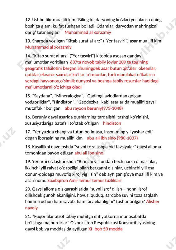 tasviri") kitobida asosan qanday ma’lumotlar yoritilgan 637ta noyob tabiiy joylar 209 ta tog’ning geagrafik tafsilotini bergan.shuningdek asar butun qit’alar ,okeanlar, qutblar,ekvator saxrolar,ko’llar, o’rmonlar, turli mamlakat o’lkalar u yerdagi hayvonoy,o’simlik dunyosi va boshqa tabiiy resurslar haqidagi ma’lumotlarni o’z ichiga oladi 15. "saydana", "mineralogiya", "qadimgi avlodlardan qolgan yodgorliklar", "hindiston", "geodeziya" kabi asarlarida muallifi qaysi mutaffakir bo‘lgan abu rayxon beruniy(973-1048) 16. beruniy qaysi asarida qushlarning tarqalishi, tashqi ko‘rinishi, xususiyatlariga batafsil to‘xtab o‘tilgan hindiston 17. “yer yuzida chang va tutun bo‘lmasa, inson ming yil yashar edi" degan iborasining muallifi kim abu ali ibn sino (980-1037) 18. kasallikni davoloshda “suvni tozalashga oid tavsiyalar” qaysi alloma tomonidan bayon etilgan abu ali ibn sino 19. yerlarni o‘zlashtirishda "birinchi yili undan hech narsa olmasinlar, ikkinchi yili raiyat o‘z roziligi bilan berganni olsinlar, uchinchi yili esa qonun-qoidaga muvofiq xiroj yig‘ilsin“ deb aytilgan g‘oya muallifi kim va asari nomi. soxibqiron amir temur temur tuzliklari 20. qaysi alloma o‘z qarashlarida “suvni …