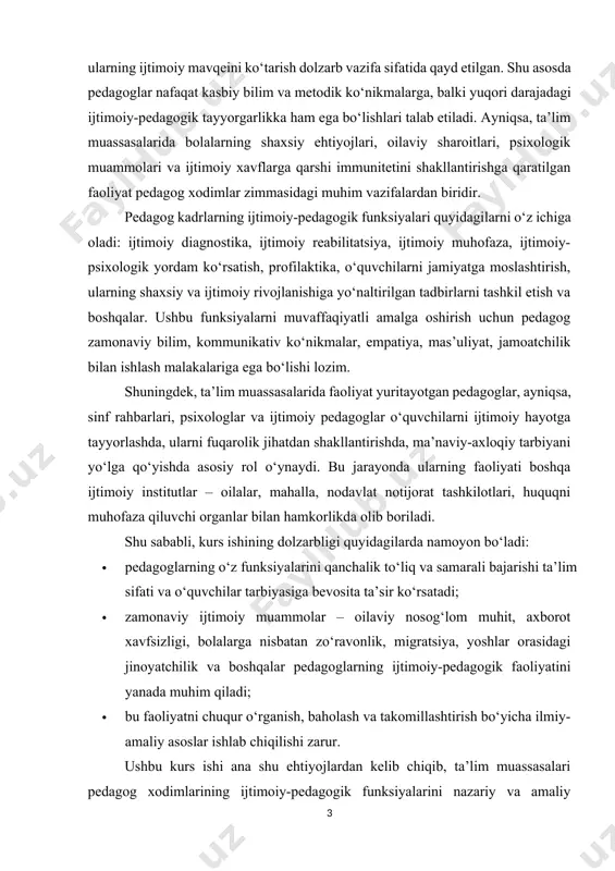 ik yordam ko‘rsatish, profilaktika, o‘quvchilarni jamiyatga moslashtirish, ularning shaxsiy va ijtimoiy rivojlanishiga yo‘naltirilgan tadbirlarni tashkil etish va boshqalar. ushbu funksiyalarni muvaffaqiyatli amalga oshirish uchun pedagog zamonaviy bilim, kommunikativ ko‘nikmalar, empatiya, mas’uliyat, jamoatchilik bilan ishlash malakalariga ega bo‘lishi lozim. shuningdek, ta’lim muassasalarida faoliyat yuritayotgan pedagoglar, ayniqsa, sinf rahbarlari, psixologlar va ijtimoiy pedagoglar o‘quvchilarni ijtimoiy hayotga tayyorlashda, ularni fuqarolik jihatdan shakllantirishda, ma’naviy-axloqiy tarbiyani yo‘lga qo‘yishda asosiy rol o‘ynaydi. bu jarayonda ularning faoliyati boshqa ijtimoiy institutlar – oilalar, mahalla, nodavlat notijorat tashkilotlari, huquqni muhofaza qiluvchi organlar bilan hamkorlikda olib boriladi. shu sababli, kurs ishining dolzarbligi quyidagilarda namoyon bo‘ladi: · pedagoglarning o‘z funksiyalarini qanchalik to‘liq va samarali bajarishi ta’lim sifati va o‘quvchilar tarbiyasiga bevosita ta’sir ko‘rsatadi; · zamonaviy ijtimoiy muammolar – oilaviy nosog‘lom muhit, axborot xavfsizligi, bolalarga nisbatan zo‘ravonlik, migratsiya, yoshlar orasidagi jinoyatchilik va boshqalar pedagoglarning ijtimoiy-pedagogik faoliyatini yanada muhim qiladi; · bu faoliyatni chuqur o‘rganish, baholash va takomillashtirish bo‘yicha ilmiy-amaliy asoslar ishlab chiqilishi …