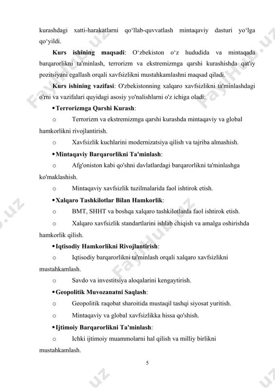 raqobat sharoitida mustaqil tashqi siyosat yuritish. · mintaqaviy va global xavfsizlikka hissa qo'shish. · ijtimoiy barqarorlikni ta'minlash: · ichki ijtimoiy muammolarni hal qilish va milliy birlikni mustahkamlash. · aholining xavfsizligini ta'minlashga qaratilgan ijtimoiy dasturlarni amalga oshirish. i.bob.o‘zbekistonning xalqaro xavfsizlik sohasidagi roli. 1.1. o‘zbekistonning mustaqillikka erishishi va xalqaro xavfsizlik sohasidagi yangilanishlar. o‘zbekistonning mustaqillikka erishishi va xalqaro xavfsizlik sohasidagi yangilanishlar o‘zbekiston 1991-yil 31-augustda mustaqil davlat sifatida o‘z taqdirini belgilab oldi. mustaqillik davrida o‘zbekistonning xalqaro xavfsizlik sohasidagi yondashuvlari quyidagi asosiy jihatlarni o‘z ichiga oladi: mustaqillik o‘zbekistonning tashqi siyosatida mustaqil qarorlar qabul qilish imkonini berdi. mamlakat o‘zining manfaatlarini himoya qilish va xalqaro maydonda o‘z o‘rnini mustahkamlashga qaratilgan strategiyalarni ishlab chiqdi. o‘zbekiston o‘zini mintaqaviy va global xavfsizlik muammolarida muvozanat saqlovchi davlat sifatida ko‘rsatdi. bu, ayniqsa, afg‘oniston bilan bog‘liq xavfsizlik masalalarida sezilarli ahamiyatga ega.o‘zbekiston mustaqil bo‘lganidan so‘ng xalqaro xavfsizlik sohasida bir qator yangilanishlarni amalga oshirdi: o‘zbekiston bmt, shht, o‘zbekiston respublikasining xavfsizlik kengashi va boshqa xalqaro tashkilotlarga …