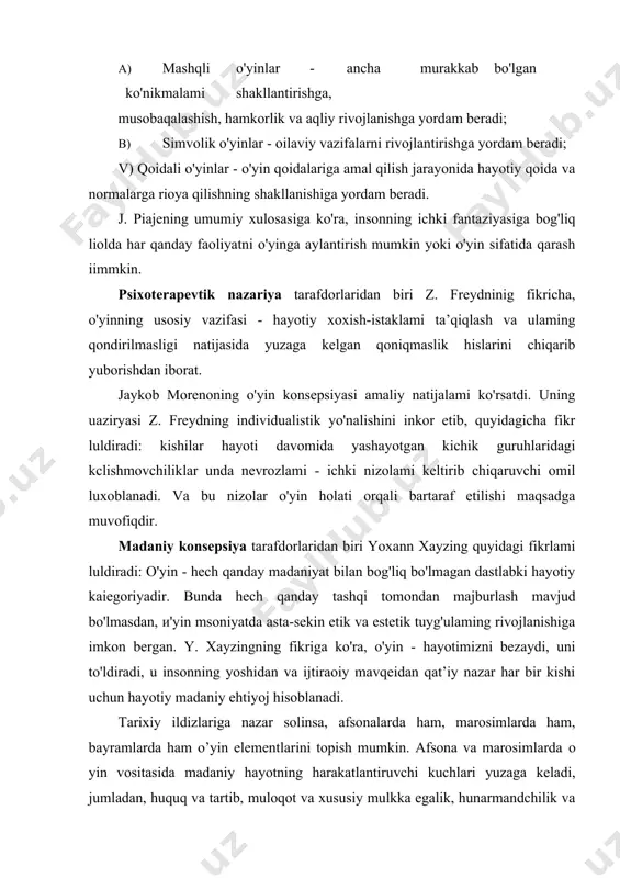 va marosimlarda о yin vositasida madaniy hayotning harakatlantiruvchi kuchlari yuzaga keladi, jumladan, huquq va tartib, muloqot va xususiy mulkka egalik, hunarmandchilik va san’at, she riyat, hatto fan ham insoniyatning o’yin faoliyati mahsuli asosida shakllangan. о yin jiddiylikning chegarasida turadi, ya’ni o’zi ma’lum bir vaqtda jiddiylikka aylanadi, ma’lum bir vaqtda esa jiddiylikni o'yinga aylantirish mumkin. trening jarayonida o’yin usulining ahamiyati trening mashg’ulotlari jarayonida eng ko’p qo'llaniladigan usullardan biri o 'y in usulidir. o’yin usuli — zarur malaka va ko’nikmalami hosil qilish hamda ulami mustahkamlash uchun nazariy, amaliy bilimlami ongli ravishda, ko'p martalab takrorlashdan iborat bo’lgan usuldir. bu usulning vazifasi olingan bilimlardan ko'nikma va malakalarga o’tishdir. о’yinning mazmuni. o’yinlar bizning hayotimizda juda muhim ahamiyat kasb etadi. kundalik hayotda "o'yin" atamasi ko'pchilik tillarda hazil, kulgu, yengillik, huzur-halovat kabi tushunchalarga mos keladi va ijobiy hissiyotlar bilan bog'liq munosabatlami anglatadi. trening jarayonida o'tkazilgan har qanday o'yin o'zida ikki xil mazmunni aks ettiradi: birinchisi, ishtirokchilar uchun …