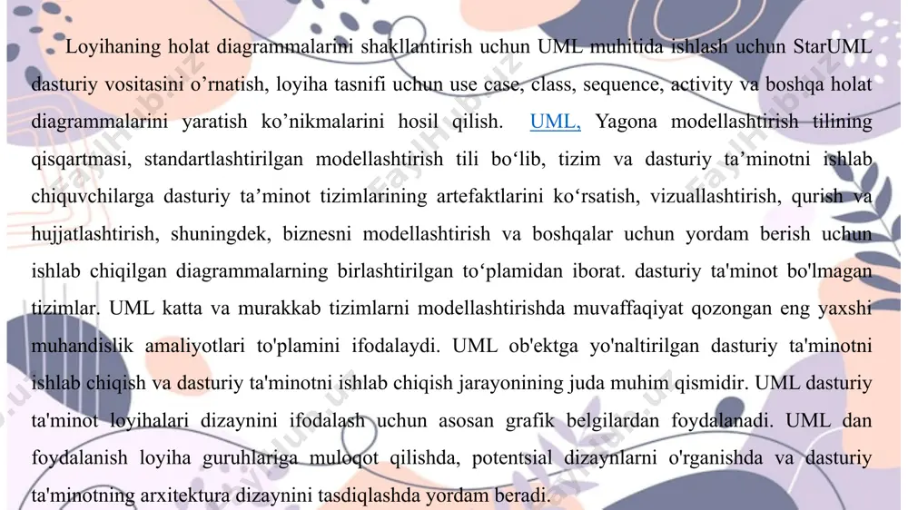 diagrammasi. actor elementi use case elementi assotsatsiya (komponentalarni bog’lash) elementi xulosa loyihaning holat diagrammalarini shakllantirish tizimning turli holatlari va ularning o‘zaro bog‘liqligini tushunish uchun muhim vosita hisoblanadi. uml diagrammalari, jumladan, use case, class, sequence, activity va boshqa diagrammalar tizimni to‘liq modellashtirish va aniq hujjatlashtirish imkonini beradi. staruml kabi vositalardan foydalanish esa bu jarayonni yanada soddalashtirib, loyihani samarali tashkil etishga yordam beradi. shu sababli, dasturiy ta’minot yaratishda uml diagrammalaridan foydalanish muhim ahamiyatga ega. image1.jpeg image2.png image3.png image4.png image5.png image6.png image7.png image8.png /docprops/thumbnail.jpeg