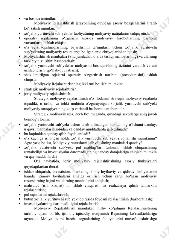 liyaviy xizmatlarining obrо‘yiga obrо‘ qо‘shmas, chunki ularga hyech narsa bog‘liq emas edi. bozor iqtisodiyotida moliyaviy xizmatlarning roli tubdan о‘zgaradi. ular korxona rivojlanishini faol va ta’sirchan boshqaradi va bir vaqtning о‘zida, shu rivojlanishning yо‘nalishi va sifatini nazorat qiladi. hozirgi sharoitdagi moliyaviy rejalashtirish barcha zaruriy harakatlarni oldindan kо‘zda tutishgina (kо‘ra bilishgina) emas. bu tyegishli ishlarni amalga oshirish jarayonida yuzaga chiqishi mumkin bо‘lganhar qanday kutilmagan holatlarni kо‘ra olish qobiliyati hamdir. albatta, xо‘jalik yurituvchi sub’yekt о‘z faoliyatidagi barcha risklarga barham beraolmaydi. lekin u ana shu risklarni samarali oldindan kо‘ra bilish yordamida boshqarish imkoniyatiga ega. moliyaviy rejalashtirish amaliyotida quyidagi asosiy myetodlardan foydalanish mumkin: · iqtisodiy tahlil metodi; · normativ metod; · balansli hisob-kitoblar va pul oqimlari metodi; · kо‘p variantlilik metodi; · iqtisodiy-matematik modellashtirish metodi; · va boshqa metodlar. moliyaviy rejalashtirish jarayonining quyidagi asosiy bosqichlarini ajratib kо‘rsatish mumkin: · xо‘jalik yurituvchi sub’yektlar faoliyatining moliyaviy natijalarini tadqiq etish; · operativ rejalarning о‘zgarishi asosida moliyaviy hisobotlarning bashorat …