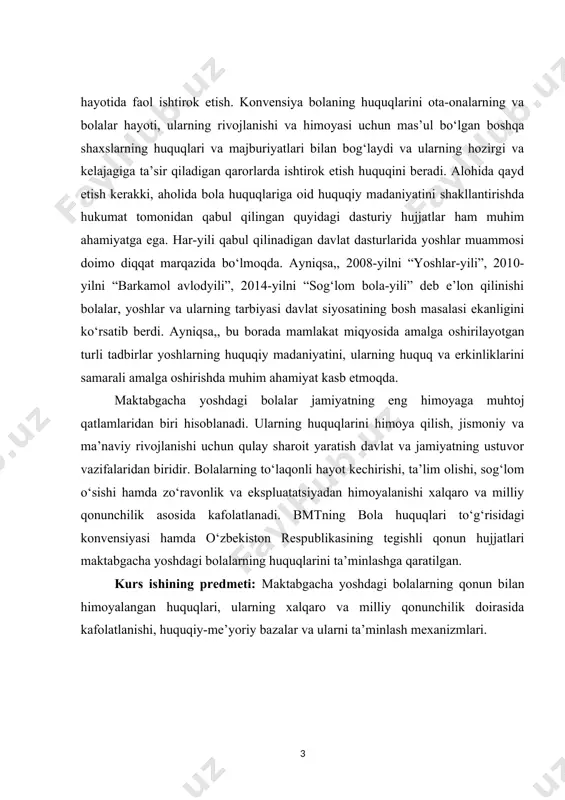 a mustahkamlash yo‘llarini aniqlashdan iborat. kurs ishining vazifalari: · maktabgacha yoshdagi bolalarning asosiy huquqlarini aniqlash; · milliy va xalqaro qonunchilikda bolalar huquqlarining aks etishini tahlil qilish; · bolalarning ta’lim, sog‘liqni saqlash va ijtimoiy himoya sohasidagi huquqlarini ko‘rib chiqish; · bolalarga nisbatan zo‘ravonlik va ekspluatatsiyaga qarshi huquqiy himoya mexanizmlarini o‘rganish; · mavjud muammolar va ularni bartaraf etish bo‘yicha takliflar ishlab chiqish. asosiy qism 1. maktabgacha yoshdagi bolalarning asosiy huquqlari maktabgacha yoshdagi bolalar – jamiyatning eng nozik va himoyaga muhtoj qatlamlaridan biri hisoblanadi. shu sababli ularning huquqlari xalqaro va milliy darajada qonun bilan himoya qilinadi. bolalarning huquqlari inson huquqlari tizimining ajralmas qismi bo‘lib, ularning hayotiy ehtiyojlarini qondirish, sog‘lom rivojlanishi, ta’lim olishi va xavfsiz muhitda yashashi uchun zarur kafolatlarni o‘z ichiga oladi. bmtning bola huquqlari to‘g‘risidagi konvensiyasi (1989) dunyo bo‘ylab bolalarning asosiy huquqlarini belgilab beradi va davlatlarni ushbu huquqlarni ta’minlashga majbur qiladi. o‘zbekiston respublikasi ham ushbu konvensiyani ratifikatsiya qilgan bo‘lib, bolalarning huquqlarini himoya …