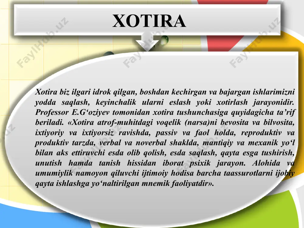 ar, his-tuyg‘u, fikr va ish-harakatlarning ongimizda qaytadan tiklanishiga aytiladi. esga tushirishning nerv-fiziologik asoslari bosh miya po‘stida ilgari hosil bo‘lgan nerv bog‘lanishlarning qo‘zg‘alishidir. esda olib qolish jarayoni - deganda sezgi, idrok, tafakkur, ichki kechinmalarni xotirada saqlanish xususiyati tushuniladi. esda saqlash deganda ilgari tug‘ilgan taassurot, fikr, his-tuyg‘u va ish-harakatlarning takrorlanishiga moyillik paydo qilishi va mustahkamlanishi tushuniladi reminissensiya hodisasi (xira esga keltirish)-unutilgan narsalarni yana xotirada qaytadan tiklanishi deyiladi 4) sekin esda qoldirib, tez unutish. 3) sekin esda qoldirib, sekin unutish; 2) tez esda qoldirib, tez unutish; tez esda qoldirib, sekin unutish; xotira jarayonining asoslari iii –yo‘nalishda o‘rganilgan: psixologik; neyro-fiziologik; bioximik. xotira tasavvurlari -ilgari idrok qilingan narsa va hodisalar obrazlarining ongimizda qaytadan gavdalanishiga aytiladi. xotiraning psixologik nazariyalari inson faolligi bilan bog‘liq bo‘lgan xotira jarayonlarini shakllantirishni tadqiq etadi va uning quyidagi turlari mavjud: birinchisi assotsiativ nazariyadir. ikkinchi psixologik nazariya xotiraning geshtalt nazariyasidir. uchinchisi bixeviorizm nazariyasi – inson xotirasida, esda olib qolishda takrorlashning ahamiyatiga diqqatni qaratadi. …