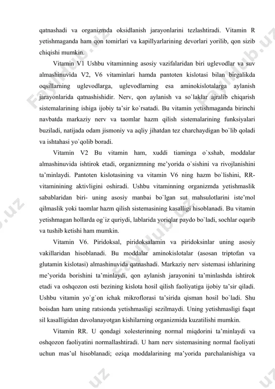 mkin. vitamin rr. u qondagi xolesterinning normal miqdorini ta’minlaydi va oshqozon faoliyatini normallashtiradi. u ham nerv sistemasining normal faoliyati uchun mas’ul hisoblanadi; oziqa moddalarining ma’yorida parchalanishiga va qonga singishiga yordam beradi. oshqozon bezlari shiralarining nordonlik darajasini va jigarning me’yorida ishlashini ta’minlashda ishtirok qiladi. u baland harorat ta’siriga chidamli bo`lganligi uchun mahsulotlar tarkibidagi miqdori kam parchalanadi. shu boisdan ham organizmda uning yetishmasligi, agar taomlar tarkibidagi oziqa moddalar, ayniqsa oqsil, me’yorida bo`lganda, sezilmaydi. lekin uning yetishmasligi faqat surunkali ravishda oqsili yetishmaydigan taomlarni iste’mol qilib kelinganda seziladi. bunday hollarda organizm tez charchaydi, umumiy kuchsizlanish paydo bo`ladi va iste’mol qilingan taomning hazm bo`lishi yomonlasha boshlaydi. vitamin a. uni bolalar vitamini ham deb atashadi, chunki u yosh organizmning me’yorida unib-o`sishidagi jarayonlarda ishtirok qiladi. bundan tashqari vitamin a ko`zning ko`rish qobiliyatini oshirishda qatnashadi. u oqsillar almashinuvida, gormonlar sintezida, taomning hazm bo`lishida va organizm immunitetini oshirishda ishtirok qiladi. ushbu vitaminning yetishmasligi ularning manbalarini hisobga olmaslikda, issiqlik ta’sirida …