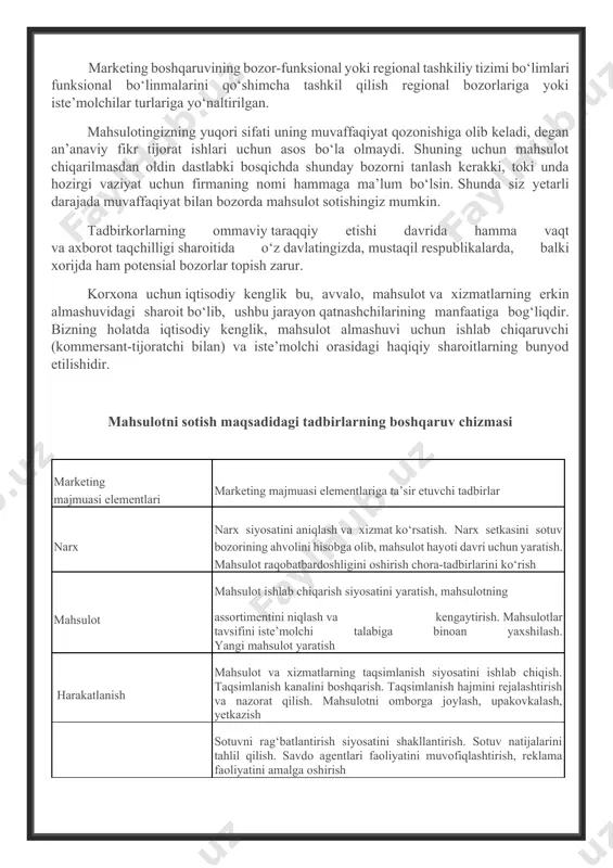 ni shakllantirish. sotuv natijalarini tahlil qilish. savdo agentlari faoliyatini muvofiqlashtirish, reklama faoliyatini amalga oshirish bunyod etiluvchi vaziyatni kenglikda faraz qilish uchun 3 ta o‘lchamni ajratib ko‘rsatish mumkin: 1) taklif etiladigan mahsulot turi; 2) iqtisodiy jarayonlarda ishtirok etuvchilar soni; 3) almashuv jarayonlarining tarkibi. bu yerda har bir o‘lcham bir xil turdagi vaziyat to‘plami ko‘rinishida tavsiya etiladi. shunday qilib, iqtisodiy maydon shu so‘zning qisqa ma’nosida bir xil vaziyatlar to‘plami ko‘rinishida tavsiya etiladi. ular har xil “o‘yig‘ qog‘ozlari” ko‘rinishida qonunlarda, yo‘riqnomalarda, shartnomalarda tavsiflanishi va belgilanishi mumkin. ammo har bir turdagi vaziyat uning o‘ziga xos xususiyatlariga ega, ular albatta korxonaning istiqbolli ishlab chiqarish masalasi jarayonida e’tiborga olinishi kerak. faqat bu kabi sharoitlarni baholashdan keyin korxonaning davlat bilan bo‘ladigan moliyaviy munosabatlar masalasini (mulk shakli, soliqlar, kimga bo‘ysunish masalasi, shaxsiy va hal etiluvchi kapital va boshqalar) mulohaza qilish maqsadga muvofiq bo‘ladi. ammo bu masalalar ikkinchi darajali hisoblanadi. ular muvaffaqiyat sharoitini belgilaydi. chunki har qanday tijorat faoliyati …