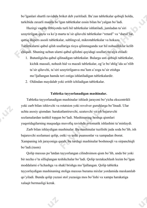gan. qolip tabletka tayyorlaydigan mashinaning stoliga maxsus burama mixlar yordamida maxkamlab qo’yiladi. bunda qolip yuzasi stol yuzasiga mos bo’lishi va xampa harakatiga xalaqit bermasligi kerak. quyi puanson bir yoki bir necha cilindr shaklidagi o’ta silliqlangan yassi yoki botiq yuzaga ega bo’lib, qolipning tubini tashkil etadi. ish jarayonida pastki puanson qolipda yuqoriga va pastga harakat qiladi. qolip ichidagi teshikcha hajmi puansonning tushish darajasini moslash bilan belgilanadi. puanson qolip ichidagi teshikcha bo’yicha stol yuzasigacha ko’tarilib, taxtakachlangan tabletkani itarib chiqaradi, so’ngra boshmoq tabletkani turtib tushiradi va qolip teshigi yana taxtakachlanadigan modda bilan to’ldiriladi. yuqori puanson bir yoki bir necha cilindr shaklidagi o’ta silliqlangan yassi yoki botiq yuzaga ega bo’lib, mashinaning ekscentrik moslamasiga ulangan bo’ladi.(rasm). ish jarayonida u yuqoriga va pastga harakat qiladi. pastga harakat qilish vaqtida qolip ichiga kirib, moddani taxtakachlaydi. tabletka tayyorlaydigan mashinalarning bosim kuchi yuqori puansonning qolip ichiga qanchalik chuqur tushish darajasi bilan belgilanadi. bu ekscentrik yordamida amalgam oshiriladi. xampa(bunker)-tabletka tayyorlash …