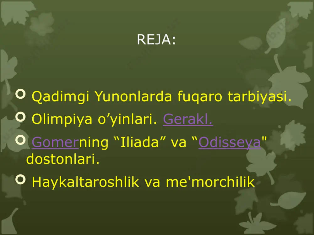ammo eng ko'p mashaqqat va sarguzashtlar odissey va uning hamrohlari chekiga tushadi. odissey nihoyat jonajon itaka o'lkasiga yetib kelguniga qadar dengiz va begona yurtlarda sarson bo'ladi. xix asrning oxirida nemis olimi genrix shlimann gomer hikoyalarim tadqiq qilib, troya joylashgan yerm hisoblab chiqdi. 1870- yilda oiim turkiyadagi hisorlik tepaligi xarobalari hududida qazishma ishlarini bosh­lab yubordi, chindan ham troya qoldiqlarini topdi. qadimgi yunon teatrlari maydoni o'lchamlari kattaligi bilan ajralib turgan. afina teatri 17 ming tomoshabinga mo'ljallangan edi. 0‘zaro kurash namoyish etilgan, odatda qatna- shuvchi kishilar halok bo'lishi bilan tugaydigan pyesa­lar tragediya deyilgan. “shoh edip” va “antigona” sin­gari eng mashhur tragediyalarni sofokl yozgan edi. ajoyib qochiriqlar, quvnoq sahnalar, nozik yumor- ga boy komediyalar esa inson nuqsonlari ustidan ku- ladi. aristofan komediyalar ustasi edi. “arilar”, “qush­lar”, “baqalar” degan mashhur komediyalarni ana shu muallif yozgan. haykallar va boshqa haykaltaroshlik asarlari faqat saroy a’yonlari uylarini bezamasdan, ayni mahalda sha­har maydonlari, ibodatxonalar, hammaga ochiq to- moshabog'lar va …