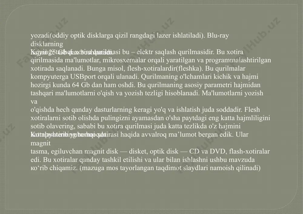 ) bolimidan flash disk tanlanadi. ma’lumot yozishning ikkinchi usulida quyidagi amallarni bajarish kerak: kerakli fayl yoki katalogni sichqoncha yordamida tanlab kontekst-menyu ochiladi; kontekst-menyuning “kopirovat” (nusxalash) amali tanlanadi; “moykompyuter” sistema katalogi orqali kerakli diskni tanlanadi, natijada disk oyna ko’rinishida ochiladi; ochilgan oynaning bo‘sh joyiga ko‘rsatkichi yo‘naltirilgan sichqoncha yordamida kontekst-menyu ochiladi; ochilgan kontekst-menyudan “vstavit” (joylashtirish) amali tanlanadi. disklarga yoki boshqa axborot tashuvchi vositalarga ma’lumotlarni yozisni yana bevosita klaviatura orqali ham bajarish mumkin, buning uchun; image2.png image3.png image4.png image5.png