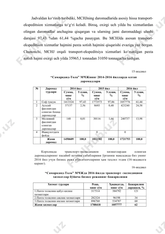 summalar realligi quyidagi ketma-ketlikda tekshirilishi maqsadga muvofiqdir (rasmga qarang). korxona lar xarajatlari realligini tekshirish uchun ular hisobi uchun mo‘ljallangan 2010 “asosiy ishlab chiqarish”, 2310 “yordamchi ishlab chiqarish”, 2510 “umumishlab chiqarish”, 9100 “sotish tannarxi”, 9400 “davr xarajatlari”, 9600 “moliyaviy faoliyatga doir xarajatlar” schyotlari kesimida oyma-oy xarajat moddalari bo‘yicha tizimlab chiqish lozim. bizningcha, ushbu auditorlik ish hujjatlarini barcha xarajatlar schyotlari bo‘yicha quyidagi shaklda tuzish foydadan xoli bo‘lmaydi (jadvalga qarang). jadval korxonaning hisobot yilidagi xarajatlari schyot № ____ ойлар кор. счёт ойлар жами йил бўйича 1 2 3 4 5 6 7 8 9 10 11 12 январь февраль ... жами йил бўйича yuqoridagi shaklda tuzilgan auditorlik ish hujjatidagi jamlama ma’lumotlarni xarajat turlari bo‘yicha bosh kitobda ochilgan schyotlar hamda “moliyaviy natijalar to‘g‘risida hisobot”dagi tegishli xarajat moddalari ma’lumotlari bilan taqqoslash ularni hisob va hisobotda to‘g‘ri yoki noto‘g‘ri aks ettirilganligni aniqlashga imkon beradi. “samarqand-tola” mchjda “javlon audit servis”va “komil -ishonch” auditorlik tashkilotlari tomonidan o‘tkazilgan auditorlik …