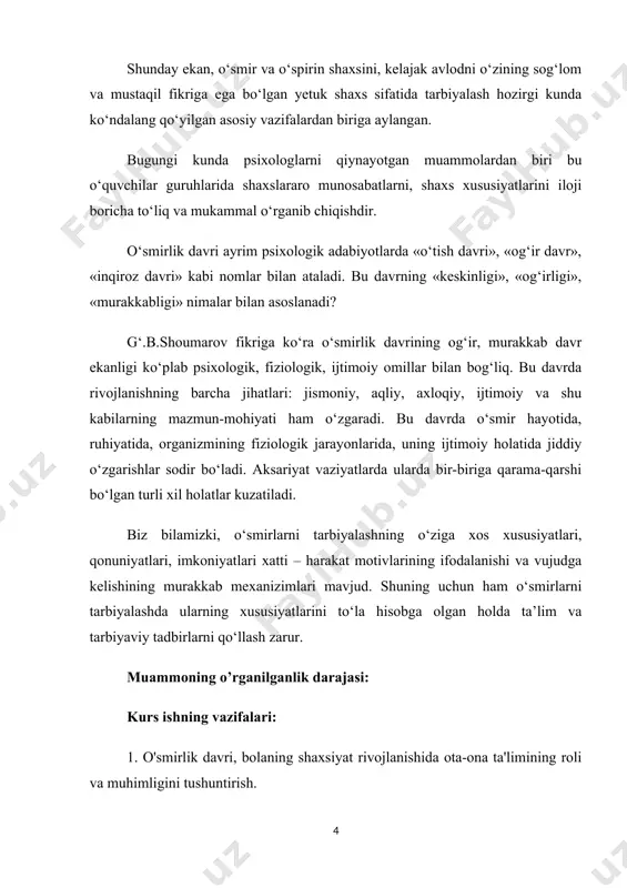 vri haqida tushuncha. o`smirni ish o`qish hamda sport mashg`ulotlari paytida to`g`ri va chuqur nafas olishga o`rgatish zarurdir.bu narsa shuning uchun ham muhimdirki,bo`yning tеz o`sishi organizmda modda almashishining jadallashishi bilan o`smir ko`p miqdorda kislorodga muhtoj bo`ladi. bu yoshda o`smirning toza havoda bo`lishi ayniqsa muhimdir.o`smirlimk yoshida yurak ikki baravardan ko`proq o`sadi,gavda esabir yarim barobar o`sadi.artеriyalari diamеtrining o`sishi yurakning o`sishidan orqada qoladi.qon tomirining yo`li yurak hajmiga nisbatan kamayadi va bu nеrv qalqonsimon bеzlari faoliyatining kuchli darajada tеzlashuvi bilan birgalikda qon bosimining ortishiga va yurak faoliyatining kuchayishiga olib kеladi. qon tomirlarining sitеmasidagi o`zgarishlari natijasidagi ba’zan bosh miyaga boradigavn qon еtarli bo`lmay qolishi mumkin bu esa bosh miya ish qobiliyatining susayiga tеz toliqishiga va bosh aylanishiga olib kеladi.ba’zan o`smir tashqi ko`rinishining o`zgarib turishini kuzatish mumkin.o`smirning qo`l va lablari ko`karib kеtadi ba’zan esa uning yuzi qizarib kеtadi yoki bo`zaradi.o`smirning yuragini haddan tashqari ko`p nagruzka va toliqishlardan saqlash kеrak. bu davr yangi bosqichga ya’ni o`spirinlikka tayyorgarlikdir. o'smirlik …
