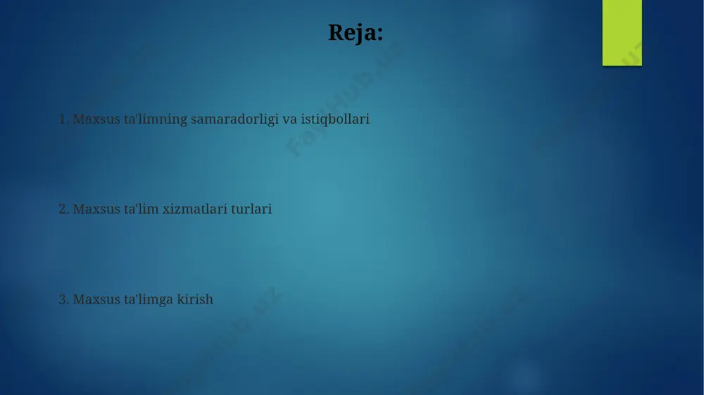 itr) asosida, bolaning qobiliyat va imkoniyatlarini hisobga olgan holda tashkil etiladi. o'quv rejasi va dasturlar o'quv dasturiga iep (individualized education program) yoki iepga o'xshash hujjatlar qo'shiladi, bu esa o'quvchining o'rganish maqsadlarini, strategiyalarni va baholash usullarini aniq belgilaydi. o'quv rejalari individual o'quv ehtiyojlariga moslashtirilgan bo'lib, standart o'quv dasturlaridan farq qilishi mumkin va 1:1 yoki kichik guruhlarda o'tkazilishi mumkin. davlat ta'lim standartlariga muvofiq, maxsus ehtiyojli bolalar uchun moslashtirilgan o'quv dasturlari va resurslarining 5 ta asosiy toifasi mavjud. o'quv muhiti va resurslar o'quv muhitini yaratishda kamida 3 ta turli xil o'quv resurslaridan (masalan, interaktiv o'yinlar, audio-vizual materiallar, amaliy mashg'ulotlar) foydalanish o'quv jarayonini boyitadi va 10% ga samaradorligini oshiradi. inklyuziv o'quv muhiti yaratish uchun sinfda talabalarning 70% ga yaqini turli xil ehtiyojlarga ega bo'lishi mumkinligini hisobga olish va moslashuvchan o'quv rejalarini ishlab chiqish muhim. o'quv jarayonini individualizatsiyalash uchun 5 dan ortiq turdagi differensiatsiya usullaridan (masalan, vazifalarni murakkablashtirish, qo'llab-quvvatlovchi materiallar, vaqt chegaralarini moslashtirish) foydalanish talabalarning …