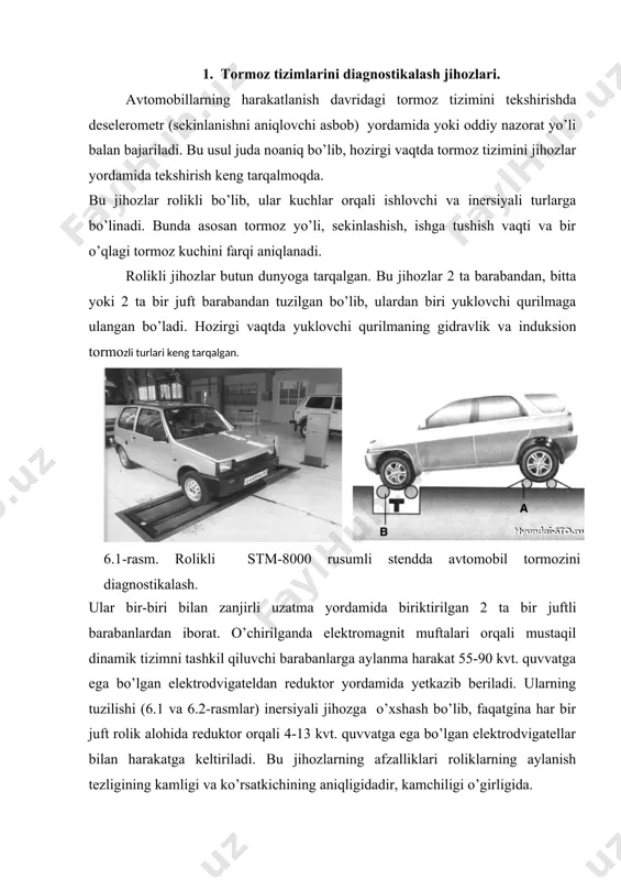 ular o’z navbatida avtomobil ‘gildiraklarini chiziqli 40 km(soat tezlikdagi aylanishlar sonigacha aylantiradi va shu holda tormoz pedali bosilib, ‘gildiraklarning tormozlanishdagi ko’rsatkichlari aniqlanadi. jihozda sinash ishlarini bajarishda yengil avtomobillar va avtobuslar tormoz tepkisiga 490 n, yuk avtomobillari va avtopoyezdlarga 686 n kuch bilan ta’sir etib bajariladi. umumiy solishtirma tormoz kuchining qiymati quyidagicha aniqlanadi: (t ( ((t ( ga, unda: ((t – hamma ‘gildiraklardagi tormoz kuchini umumiy maksimal qiymati; ga – avtomobilning to’liq massasi gosт 25478-82 bo’yicha (t ning qiymati yengil avtomobillar uchun 0,53 dan, avtobuslar uchun 0,46 dan, yuk avtomobillari va avtopoyezdlari uchun 0,41 dan kichik bo’lmasligi kerak. o’q bo’yicha tormoz kuchini bir xildamasligini hisobga oluvchi koeffitsiyent - kn avtomobilning har bir o’qi uchun alohida quyidagi ifoda orqali aniqlanadi: bu yerda: (t.ung va (t.chap – tormozlashda o’ng va chap ‘gildiraklarda hosil bo’luvchi eng katta kuch. kn ning qiymati yengil avtomobillar uchun 0,09, avtobuslar uchun 0,11, yuk avtomobillari va avtopoyezdlar uchun 0,13 …