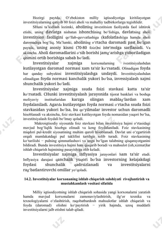 rijiy investititsyalarni rag‘batlantirishga xizmat qiladigan qo‘lay muhit yaratish masalasi biz uchun o‘ta muhim strategik ahamiyatga ega”. investitsiya muhiti bir qator zaruriy omillarga bog‘liq bo‘lib, ularning mavjudligi investitsiya muhitining eng qulay bo‘lishini ta’minlaydi. mamlakatda investitsion muhitni shaklantirishda investorlarning, ayniqsa chet el investorlarining huquq va manfaatlarini himoya qilish chora-tadbirlarini belgilab beruvchi qonunchilik hujjatlarining mavjudligi va ularga amal qilinishi muhim rol o‘ynaydi. o‘zbekistonda investorlar huquq va manfaatlarini himoya qilishni ta’minlovchi bir qator qonunlar qabul qilingan, jumladan: “aksiyadorlik jamiyatlari va aksiyadorlarning huquqlarini himoya qilish to‘g‘risida”gi, “xususiy korxonalar to‘g‘risida”gi, “mas’uliyati cheklangan va qo‘shimcha mas’uliyatli jamiyatlar to‘g‘risida”gi, “investitsiya faoliyati to‘g‘risida”gi, “chet el investitsiyalari to‘g‘risida”gi, “chet ellik investorlar xuquqlarining kafolatlari va ularni himoya qilish to‘g‘risida”gi, “tadbirkorlik va tadbirkorlik faoliyati kafolatlari to‘g‘risida”gi va boshqa qonunlar. respublikada yaratilgan investitsion muhit − iqtisodiyotning yanada rivojlanishi va barqaror turmush darajasini ta’minlashdan ichki va tashqi (xorijiy) kapitalni jalb qilish uchun imkon beradi. shuni ta’kidlash lozimki, yirik investitsion loyihalarni amalga oshirishda xorijiy investorlarning, …
