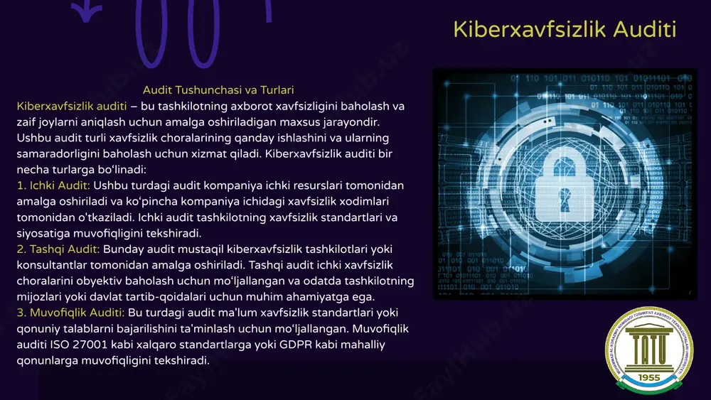 ma'lumotlarning yo‘qolishi: kiberhujumlar natijasida mijozlarning shaxsiy ma'lumotlari o‘g‘irlanishi yoki yo‘qolishi mumkin. masalan, yahoo kompaniyasiga qilingan hujumda 3 milliard foydalanuvchi ma'lumotlari o‘g‘irlangan. ish faoliyatining to‘xtashi: ddos hujumlari yoki ransomware natijasida kompaniyaning ish faoliyati to‘xtashi mumkin, bu esa foydalanuvchilarga xizmat ko‘rsatishni imkonsiz qiladi. kiberxavfsizlik auditi va xavf tahlilining asosiy maqsadi – tashkilot yoki korxona aktivlarini himoya qilish, shaxsiy va tijorat ma’lumotlarini xavfsiz saqlashdir. real hayotda sodir bo‘lgan yahoo, colonial pipeline kabi kiberhujumlar, shuningdek, o‘zbekistondagi kiberxavfsizlik holati, bizga xavfsizlik choralarining ahamiyatini ko‘rsatadi. ushbu misollar kiberxavfsizlikka bo‘lgan e’tiborni yanada oshirish zarurligini ta’kidlaydi. xulosa doimiy kiberxavfsizlik auditi va xavf tahlili o‘tkazish: tashkilotlarning xavfsizlikni ta’minlashga qaratilgan faoliyati muntazam ravishda yangilanib turishi kerak. zamonaviy xavfsizlik texnologiyalaridan foydalanish: antiviruslar, xavfsizlik devorlari (firewall), shifrlash texnologiyalari va boshqalar tashkilotlar xavfsizligini oshirish uchun joriy qilinishi lozim. xodimlarning xavfsizlik savodxonligini oshirish: xodimlarga phishing, to‘lov dasturlari kabi tahdidlardan qanday saqlanish kerakligi bo‘yicha treninglar o‘tkazish muhimdir. yangi xavfsizlik standartlariga rioya qilish: iso/iec 27001, nist …