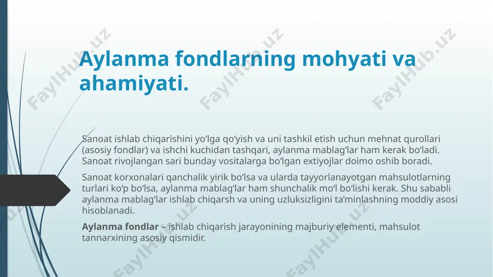 exnologiya va ishlab chiqarish jarayonini tashkil etish bilan bevosita bog‘liq bo‘lgan moddiy resurslardan yaxshi foydalanish, mahsulotni takomillashgan turlari va modellarini yaratish, sanoatning aniq tarmoqlari mahsuloti sifatini oshirish imkoniyatlari kiradi. ishlab chiqarishda resurslarni tejash rezervlarini qo‘llashning asosiy yo‘nalishlari harakteriga ko‘ra ishlab chiqarish-texnik va tashkiliy – iqtisodiy yo‘nalishlariga bo‘linadi. aylanma mablag‘lardan foydalanish ko‘rsatkichlari aylanma fondlardan foydalanishni yaxshilash sanoat korxonalarining asosiy vazifalaridan biridir. xom-ashyo, yoqilg‘i va yordamchi materiallardan qanchalik unumli foydalanilsa, maolum miqdorda mahsulot ishlab chiqarishda ularning sarfi shuncha kamayadi va sanoat mahsulotlarining hajmini ko‘paytirishga imkon yaratadi. moddiy resurslar sarfi ko‘rsatkichi bilan moddiy resursdan samarali foydalanish ko‘rsatkichi farqlanadi. moddiy resurslar sarfi – ishlab chiqarish talabidir. u mahsulot ishlab chiqarish dasturini bajarish uchun korxona tomonidan sarflangan barcha moddiy resurslar miqdorini qamrab oladi. moddiy resurslar sarfiga taomirlash ishlari, ichki zavod transporti xizmati, yordamchi xo‘jaliklar ta’minoti, maishiy xizmat ehtiyoji kiradi. moddiy resurslar iste’moli umumiy va mahsulot birligiga sarflangan harajatlarga bo‘linadi. moddiy resurslarning umumiy harajati deganda – …