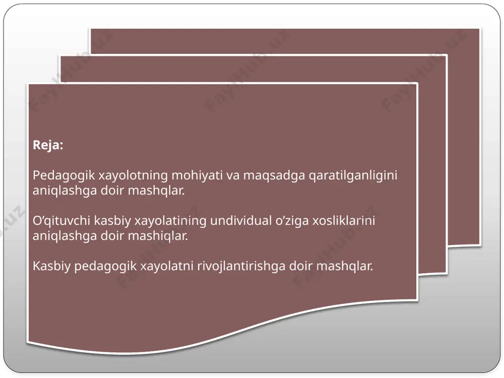 nuvchi orasida bir-biriga ta’sir ko’rsatish samaradorligi hosil bo’lmaydi. hissiy o’xshatish tarbiyaviy ta’sir ko’rsatishning eng muhim ijtimoiy-psixologik tarkibiy qismi bo’lib, unda ko’p tomonlama rol o’ynaydi. u birinchi bosqichda - pedagogik niyat tug’ilishi bosqichida-pedagogning bolalar bilan bo’ladigan munosabati rejalashtiriladi.ikkinchi bosqichida -niyatni ishlab chiqish bosqichida - hissiy o’xshatish ancha faol harakat qiladi. uchinchi bosqichda - sinf bilan bevosita muomala jarayonida niyatning gavdalanishi va amalga oshishi bosqichida - hissiy o’xshatish pedagogning muomaladagi teskari aloqani saqlashning umumiy prinsipi sifatida namoyon bo’ladi, ta’sir ko’rsatishning muayyan natijalarini his qilish va ilgari rejalashtirilgan va tuzatish kiritadigan usullarni va joriy pedagogik vaziyatda yo’l topishga yordam beradigan vaziyatli nodir hodisa sifatida tanlash imkonini beradi. adabiyotlar ro’yxati: asqarova o’. pedagogikadan amaliy mashqlar va masalalar. o’quv-uslubiy qo’llanma. – t.: “istiqlol”, 2008. 38-39-40-60 betlar. r.i.ivanov, m.e.zufarova umumiy psixologiya darslik. o’zbekistonfaylasuflarimilliyjamiyatinashriyoti.– t.: 2008. 165-185 bet. n.erkaboyeva, m.usmonboyeva, m.irgashova, n.xujanazarova. pedagogik mahorat; seminar va laboratoriya mashg’ulotlari uchun ishlanmalar. (o’quv metodik qo’llanma) – t.: 2012. 72-bet. …