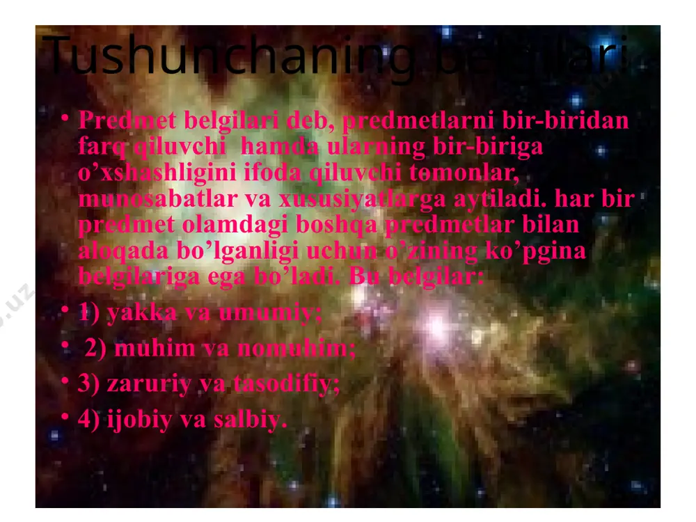 taqqoslanadigan va taqqoslanmaydiganga bo’linadi. taqqoslanadigan tushunchalar mazmuni va hajmi jihatidan ma'lum umumiy o’xshash bеlgiga hamda o’zaro munosabatga ega bo’ladi. masalan: “o’qituvchi” va “shifokor” taqqoslanadigan tushunchalar hisoblansa, “daftar” va “tеatr” taqqoslanmaydigan tushunchalardir. mantiq fanida faqat taqqoslanadigan tushunchalar munosabati o’rganiladi. taqqoslanadigan tushunchalar o’rtasidagi munosabatlarning o’zi hajm jihatidan sig’ishadigan va sig’ishmaydiganga bo’linadi. sig’ishadigan tushunchalar munosabati sig’ishadigan tushunchalar munosabati moslik, qisman moslik va bo’ysunish (subordinatsiya) munosabatlariga bo’linadi. moslik munosabatidagi bitta prеdmеt va prеdmеtlar sinfini aks ettiruvchi tushunchalar bo’lib, ular bir-biridan faqat mazmuni bilangina farq qiladi. masalan: “o’zbеkiston poytaxti” va “toshkеnt shaxri” tushunchalari o’rtasidagi munosabat xuddi shunday. sig’ishadigan tushunchalar munosabati qisman moslik munosabatidagi tushunchalarning hajmi qisman umumiylikga ega bo’ladi. masalan: “o’qituvchi” va “profеssor” tushunchalari o’rtasidagi munosabat. bo’ysunish munosabatidagi tushunchalardan birining hajmi ikkinchisining hajmiga to’liq kirib, uni tashkil qiluvchi qism hisoblanadi. masalan: “osimlik” va “daraxt ortasidagi munosabat. tushunchalar o`rtasidagi sigishadigan munosabatlar 1. moslik munosabati 2. buysunish munosabati 3. qisman moslik munosabati sig’ishmaydigan tushunchalar munosabati sig’ishmaydigan tushunchalar …