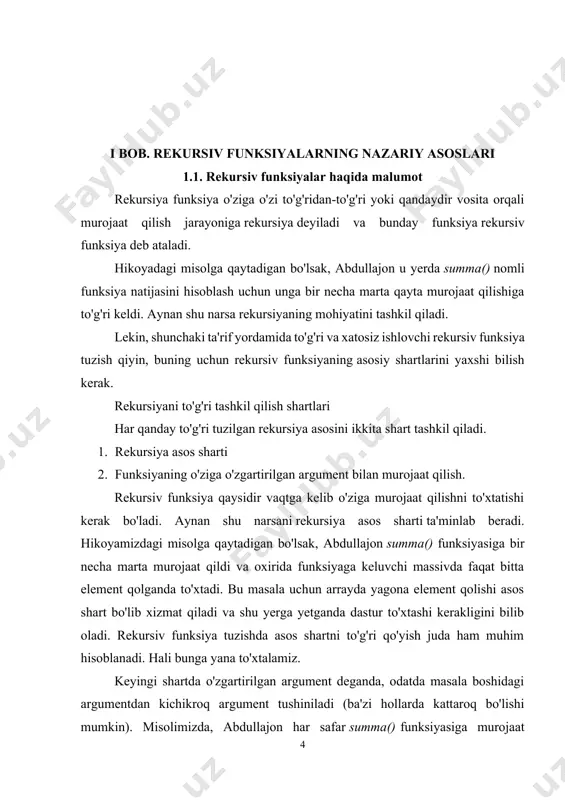 qilib ko'rish esa qimmatga tushishi aniq · ba'zi holatlarda rekursiv yechim ancha soddaroq. ayniqsa, ba'zi masalalarning iterativ yechimi juda ham uzun bo'lib ketishi mumkin. rekursiya esa kodni bir necha barobar qisqartirib berishi mumkin. · aksariyat tuzilmalar va algoritmlarni rekursiyasiz tasavvur qilib bo'lmaydi. tree, graph, heap, quicksort, mergesort, … bu ro'yhatni juda uzoq davom ettirish mumkin. ayniqsa, murakkab tuzilmalar bo'lgan tree va graphlarda rekursiya har qadamda uchraydi. dasturchilikni esa ularsiz tasavvur qilib bo'lmaydi, bu esa o'z o'rnida rekursiya qanchalik muhimligini belgilab beradi. · rekursiya funksional dasturlashning asosiy elementlaridan hisoblanadi. hali funksional dasturlash haqida eshitmagan bo'lsangiz u haqida ma'lumot axtarib o'qib ko'rishni maslahat beraman. bir so'z bilan aytganda, hozirda dasturlash sohasi jadallik bilan funksional dasturlash paradigmasi tomon ketmoqda (go va scala yorqin namunalar). yana bir qiziq ma'lumot, shunday dasturlash tillari borki ularda umuman takrorlanish operatorlari yo'q va bu borada butunlay rekursiyaga tayanadi. haskell va erlang shular jumlasidan. albatta, bularning barchasi rekursiyani takrorlash …