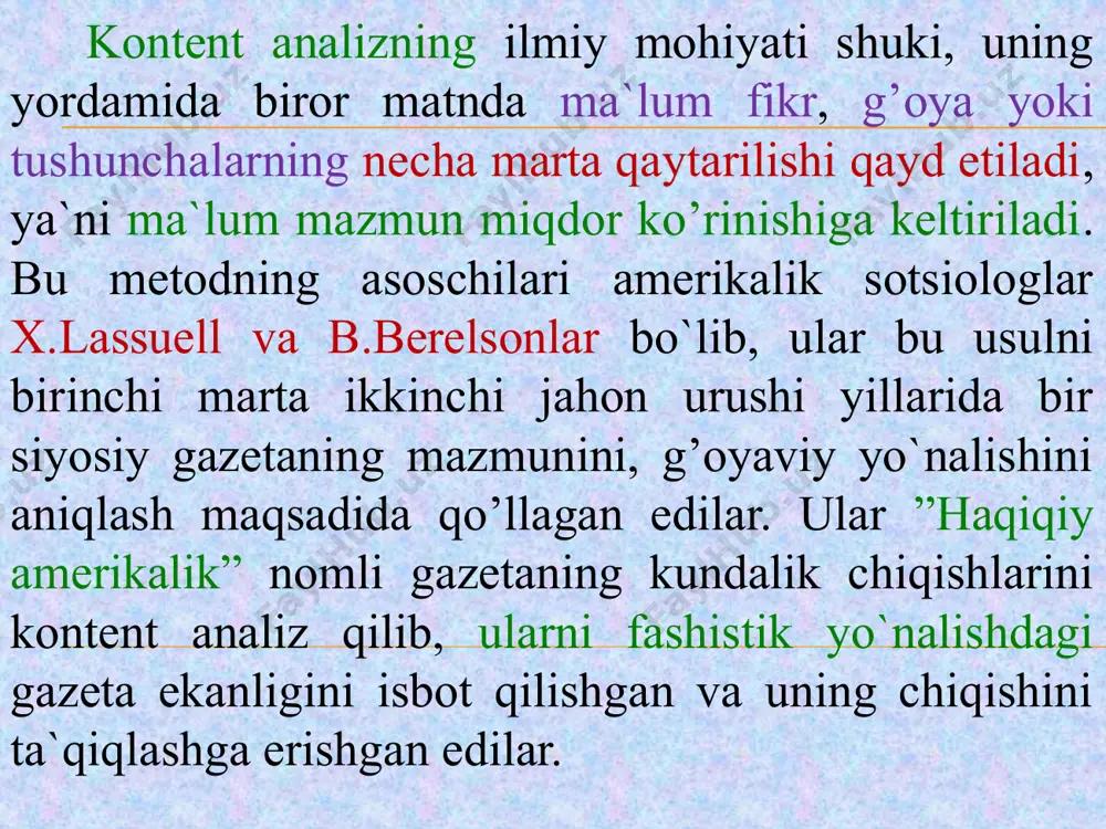 a`qullashi mumkin bo`lganini tanlash topshirig’i beriladi. v.yadov shunday hollarda munosabatning kuchini ham aniqlash mumkin, deb hisoblaydi. masalan, ba`zi odamlar “mening fikrimga to`g’ri kelmaydigan narsani gapirishsa, men hattoki ularni eshitishni ham xohlamayman”, deydilar. sizning fikringiz qanday? ularga to’laligicha qo’shilaman ularga qo’shilaman qo’shilaman, faqat butunlay emas ularga qo’shilolmayman ularga tamoman qo’shila olmayman odatdagi anketa tuzilishi jihatdan uch qismga bo`linadi: 1. kirish qismi yoki "respondentga murojaat" deb ataladi, bu qismda odatda tadqiqot o’tkazayotgan tashkilot nomi, oddiy tilda tadqiqot maqsadlari va ularning qanday foydasi borligi, tekshiruvchining shaxsiy ishtiroki nima berishi, olingan ma`lumotlarning umumlashtirilgan holda ishlatilishi (anonimlik), anketani to’ldirish yo`llari va boshqalar yoziladi. instruksiya murojaatning qanchalik yaxshi yozilganligi bevosita tekshiriluvchining ishga bo`lgan munosabatiga bog’liqdir. 2. asosiy qism. bunga savollar kiritiladi, lekin savollar tartibiga ham e`tibor berish kerak, chunki boshidan qiyin savollar berilsa, bu narsa respondentni cho’chitib qo’yishi, hattoki, to’ldirmasdan, anketani qaytarib berishiga majbur qilishi ham mumkin. shuning uchun boshida yengil, xolis savollar berib, tekshiriluvchini qiziqtirib …