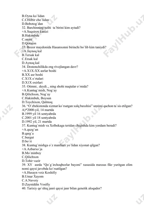 p mayda» d.«ona bug`doy» 46. tug`ilgan chaqaloqqa ism qo`yish marosimi qanday nom bilan yuritiladi? +a.aqiqa b.beshik to`yi c.xatna d.to`y 47. naqllarning yuzaga kelishi va shakllanishida qaysi fol’klor janrlari muhim manba sifatida xizmat ko`rsatadi? +a.maqollar va ertaklar b.afsona va miflar c.qo`shiqlar va ertaklar d.rivoyatlar va latifalar 48. echimi tasodifan ko`tarilgan kulgi-qahqaha yoki so`z o`yiniga asoslangan janr ko`rsatilgan javobni belgilang: +a.latifa b.ertak c.naql d.topishmoq 49. o`zbek xalq ertakchiligi va ertakchilari haqidagi dastlabki kuzatishlarni olib borgan olim kim edi? +a.buyuk karimov b.komil imomov c.g`.jalolov d.mansur afzalov 50. go`ro`g`li shakarko`lga borib, ov qilib kelmoqchi bo`lganda, kim go`ro`g`liga bormaslikni maslahat beradi, nima uchun? +a.soqibulbul, safar oyi bo`lgani uchun b.tog`asi ahmad sardor, ramazon oyi bo`lgani uchun c.o`g`li avazxon, ro`za oyi bo`lgani uchun d.rayhon arab, barot oyi bo`lgani uchun 51. “tutal” va “rabbiya” askiyaning boshqa turlaridan qaysi xususiyatiga ko`ra alohida ajralib turadi? +a.she`riy yo`lda aytilishi bilan b.piching yo`lida aytilishi bilan c.monologik nutqda aytilishi bilan d.nasrda aytilishi bilan …