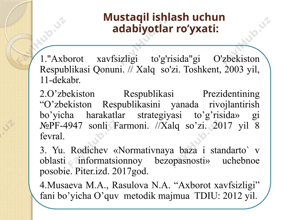 ot o’z qiymatiga ega bo’ldi va kеng tarqaladigan mahsulotga aylandi. uni endilikda ishlab chiqaradilar, saqlaydilar, uzatishadi, sotadilar va sotib oladilar. bulardan tashqari uni o’g`irlaydilar, buzib talqin etadilar va soxtalashtiradilar, shunday qilib, axborotni himoyalash zaruriyati tug`iladi. axborotni qayta ishlash sanoatining paydo bo’lishi axborotni himoyalash sanoatining paydo bo’lishiga olib kеladi. xavfsizlikning asosiy yo’nalishlari axborot xavfsizligi. axborot xavfsizligining dolzarblashib borishi, axborotning strategik resursga aylanib borishi bilan izohlash mumkin. zamonaviy davlat infratuzilmasini telekommunikatsiya va axborot tarmoqlari hamda turli xildagi axborot tizimlari tashkil etib, axborot texnologiyalari va texnik vositalar jamiyatning turli jabhalarida keng qo’llanilmoqda (iqtisod, fan, ta’lim, xarbiy ish, turli texnologiyalarni boshqarish va x.k.) iqtisodiy xavfsizlik. milliy iqtisodda axborotlarni yaratish, tarqatish, qayta ishlash va foydalanish jarayoni hamda vositalarini qamrab olgan yangi tarmoq vujudga keldi. «milliy axborot resursi» tushunchasi yangi iqtisodiy kategoriya bo’lib xizmat qilmoqda. davlatning axborot resurslariga keltirilayotgan zarar axborot xavfsizligiga xam ta’sir ko’rsatmoqda. mamlakatimizda axborotlashgan jamiyatni shakllantirish va uning asosida jahon yagona axborot maydoniga …