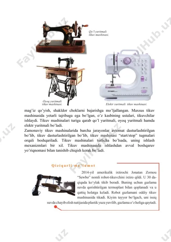 ajagi bo‘lgan har tomonlama barkamol shaxsni tarbiyalashdan iborat. ushbu bo’limning vazifasi–talabalarga tabiiy va kimyoviy tolalarning olinishini, tuzilishini, ishlatilishini, iplar, gazalamalar va tayyor mahsulotlarning xossalarini va asosiy vazifalarini hamda mashina turlari, mexanizmlarni sozlashni, texnik xavfsizligi, tikuv jihozlarining asosiy qismlarini o‘rgatishdan iborat. tikuv mashinalari ixtiro qilingunga qadar barcha tikuvchilik buyumlari qo’l choklari orqali bajarilgan. qadimda qo’l ishlarini bajargan ustalarni “oltin igna sohiblari”, “mo’jiza sohiblari” deb qadrlashgan. qo’l mehnatiga ko’p vaqt sarflansada, o’zining nozikligi, nafisligi bilan ajralib turgan. qo’l choklarini bajarishga qaraganda tikuv mashinasida ishlab bir qancha qulay. zamonaviy tikuv mashinalari bir qancha jarayoni bajarishga moslashgan bo’lib, universal va maxsus tikuv mashinalariga bo’linadi. universal tikuv mashinalari baxyaqatorning barcha turini bajaradi, izma, tugma, kashta tikadi. ulardan, asosan, uy sharoitida foydalaniladi. uy sharoitida bir kishi biron-bir buyumni boshidan oxirigacha tikadi. maxsus tikuv mashinalari esa ishlab chiqarish korxonalarida qo’llangan bo’lib, bitta jarayonni bir kishi bajaradi. maxsus mashinalar o’ziga xos kichik mexanizatsiya vositalari yordamida gazlama chetiga mag’iz …