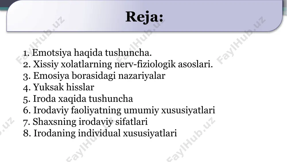 ingfaoliyatidan tashqari organizmning ichki a’zolari faoliyati bilan ham bog‘liqdir, boshqacha qilib aytganda hissiyotlar vegetativ nerv tizimining faoliyati bilan ham bog‘liqdir. chunonchi, odam qattiq uyalgan paytida qizarib ketadi, qattiq qo‘rqqan paytida esa rangi o‘chib, qaltirab ketadi, xattoki odamning ovozida ham o‘zgarish paydo bo‘ladi. ana shunday hissiy holat yuz bergan paytda odamning yuragi tez ura boshlaydi, nafas olishi ham tezlashadi. demak, odam ma’lum hissiy holatni boshdan kechirayotgan paytda uning qon aylanish tizimi, nafas olish organlari nutq apparatlari ichki sekretsiya bezlari ham qatnashadi. masalan, materialni yaxshi bilmaydigan talaba imtihon topshirayotganda terlab ketadi, tomog‘iga nimadir tiqilib, gapini gapira olmay qoladi. odamda qattiq qo‘rqish paytida «yuragi orqaga tortib ketdi», «sovuq ter bosib ketdi» kabi iboralarning ishlatilishi hissiyot paytida odamning ichki a’zolarining ishtirok etishidan dalolat beradi. juda ko‘p hissiy holatlar bosh miyaning yaqin po‘stloq osti qismlarining oralig‘i bilan ham bog‘liqdir. masalan, ko‘rish tepaligi deb ataluvchi qism ayrim hislarni ifodalaydigan ixtiyorsiz harakatlarning markazi hisoblanadi. odamda uchraydigan yuksak …