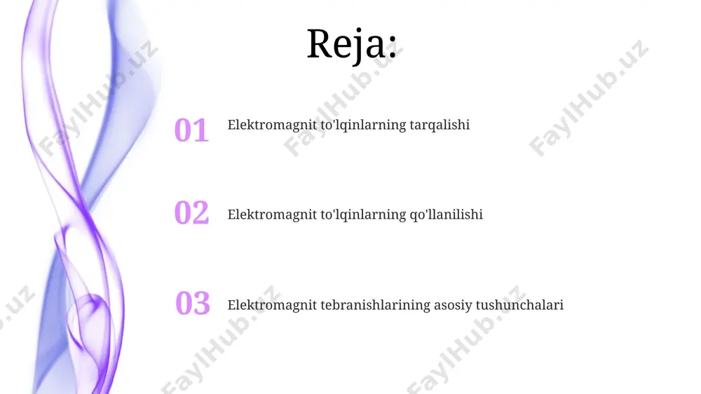 r o'z-o'zini tarqatuvchi va energiya olib yurish xususiyatiga ega bo'lib, to'lqin tezligi vakuumda taxminan 3 x 10⁸ m/s ga teng. elektromagnit tebranishlarni tavsiflash uchun amplituda, chastota, to'lqin uzunligi va faz kabi parametrlar qo'llaniladi. ularning o'zaro bog'liqligi to'lqin tenglamasi orqali aniqlanadi. elektromagnit to'lqinlarining polyarizatsiyasi elektromagnit to'lqinlarining polyarizatsiyasi yorug'likning tebranish tekisligi bo'yicha tartibli joylashishi bo'lib, 2 ta asosiy turi – chiziqli va aylanma polyarizatsiya mavjud. to'lqinlarning polyarizatsiya darajasi 0° dan 90° gacha o'zgaradi va malus qonuni yordamida 1/2 intensivlikka kamayishini hisoblash mumkin. elektromagnit to'lqinlarining interferensiyasi va difraksiyasi ikki yoriqdan o'tayotgan monoxromatik nur (λ=400 nm) 1 metr masofadagi ekran ustida 2 mm kenglikdagi interferensiya tasvirini hosil qiladi, bu yoriqlar orasidagi masofani aniqlash imkonini beradi. elektromagnetik to'lqinlarning interferensiyasi natijasida yoritilgan ekranda 3 ta yorug'lik maksimum va 2 ta minimum kuzatilishi mumkin, bu esa to'lqinlar uzunligining 600 nm ekanligini ko'rsatadi. elektromagnit to'lqinlarining qo'llanilishi tibbiyotda magnit-rezonans tomografiya (mrt) 3 tesla kuchlilik magnit maydonidan foydalanib, inson tanasining …