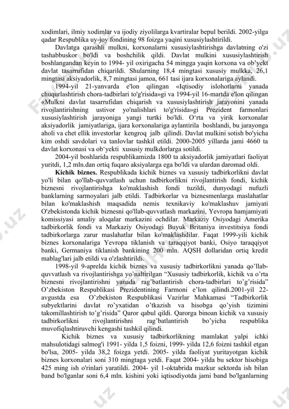 tisodiy tizimiga qo'shilib borish; • kishilarda yangicha iqtisodiy fikrlashni shakllantirish. islohotlaring huquqiy asoslari. iqtisodiy islohotni amalga oshirishning asosiy omillaridan biri bozor iqtisodiyotining huquqiy negizini yaratishdan iborat. shuning uchun islohotlarning huquqiy asoslarini yaratishga alohida e'tibor berildi. iqtisodiy sohaga tegishli bo'lgan 100 dan ortiq qonunlar qabul qilindi. bu qonunlarni mazmun-mohiyati jihatidan bir qator yo'nalishlarga bo'lish mumkin. 1. mulkchilik munosabatlari va ko'p ukladli iqtisodiyotni shakilantiruvchi qonunlar. bu yo'nalish doirasida mulkchilik to'g'risida, mulkni davlat tasarrufidan chiqarish va xususiylashtirish to'g'risida, ijara to'g'risida, davlat uy-joy fondini xususiylashtirish to'g'risida va boshqa qonunlar qabul qilindi. 2. xo'jalik yuritishni tartibga soluvchi qonunlar, ya'ni xususiylashtirish, mulkchilik, tadbirkorlik, korxonalar, fermer xo'jaligi, dehqon xo'jaligi, shirkat xo'jaligi to'g'risida qonunlar qabul qilindi. bozor infratuzilmasini yaratuvchi va uning faoliyatini tartibga solib turuvchi banklar va bank faoliyati, pul tizimi, tadbirkorlik, sug'urta, birjalar va birja faoliyati to'g'risida, qimmatli qog'ozlar va fond birjasi to'g'risida va boshqa qonunlar qabul qilindi. korxona bilan davlat o'rtasidagi, korxonalar o'rtasidagi munosabatlarni yo'lga qo'yuvchi, …