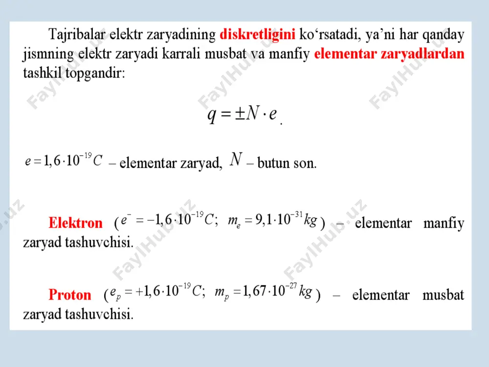 ,6·106 j. tokning bajargan ishi tokning quvvati 30 integral ko’rinishda zanjirning bir qismida doimo ekektr toki ta’sirida ajraladigan issiqlik miqdori tok kuchining kvadratini tok o’tish vaqtiga va zanjirning va zanjirning shu qismi elektr qarshiligiga ko’paytmasiga tengdir. joul-lents qonuni 31 metallarda elektr toki elektronlar ozaro tasirlashmay, kristal panjaradagi ionlar bilan ta’sirlashidi. har bir to’qnashuvdaelektron o’z kinetik energiyasini uzatadi. suyuqliklarda elektr toki suyuqliklar ham qattiq jisimlar kabi, dielektrik lar, yarim o’tkazgichlar va otkazgichlar bo’la- di.distillangan suv dielektriklar jumlasiga kiradi. selen, sulfidlar aralashmasi yarim o’tkazgichlar hisoblanadi. elektr tokini o’tkazadigan suyuqliklar elektrolitlar deb ataladi. elektrolitlarga tuz, kislota va ishqorlarning suvdagi eritmasi kiradi. modda eriganda erituvchi tasirida molekulalarning ionlarga ajralish jarayoni elektrolitik dissotsiya deyiladi. elektrolit orqali tok o’tganda elektrolitning elektrodlarda tarkibiy qismlarga ajralish jarayoni elektoliz deb ataladi. ionlashgan gaz orqali elektr tokining o’tishi gaz razryadi deb ataladi. tashqi ionizatorlar ta’sirida mavjud bo’luvchi gaz razryadi nomustaqil gaz razryadi deb ataladi. tashqi ionizatorlar ta’siri tugagandan so’ng davom …