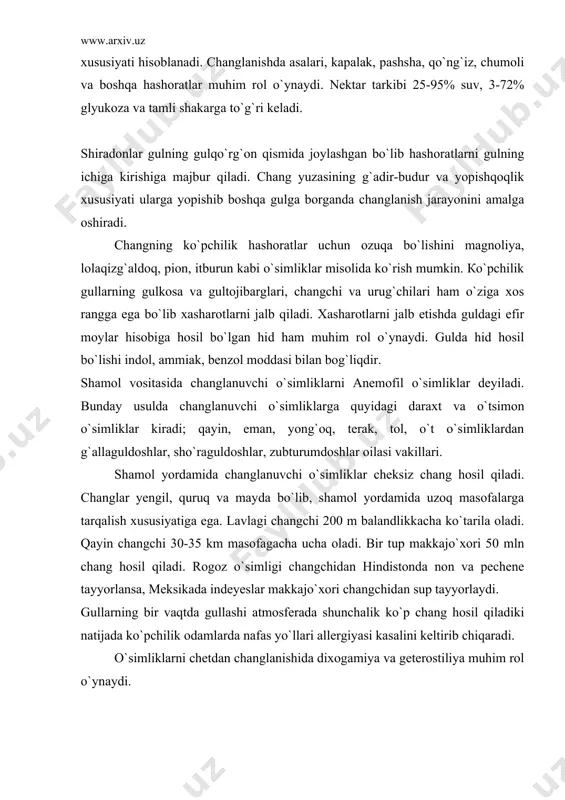 ang hosil qiladiki natijada ko`pchilik odamlarda nafas yo`llari allergiyasi kasalini keltirib chiqaradi. o`simliklarni chetdan changlanishida dixogamiya va geterostiliya muhim rol o`ynaydi. dixogamiya - bu bita gulda changchi va urug`chilarning bir vaqtda yetilmasligidir. кo`pchilik sharoitlarda changchi oldin yetiladi. bunday holatni labguldoshlarda, butguldoshlarda, ituzumdoshlarda kuzatish mumkin. geterostiliya - bir turga kiruvchi o`simlikning har xil uzunlikdagi changchi va urug`chilarni hosil qilishiga aytiladi. masalan: grechixa, xina daraxtida. changning unish qobiliyatini saqlashi turli o`simliklarda turlichadir. masalan: shoyigulning changchisi 60-65 kun, optimal sharoitda saqlansa 140 kundan keyin ham una oladi. lola, pion changchi 65 - 150 kun, smorodinada 35 - 117, olma, nokda 70 - 210, olchada 30 - 100, olxo`rida 180-220, kungaboqar 100 kun palma changchi 10 yil hayotini saqlay oladi. g`allaguldoshlar oilasi vakillari 2 kun, makkajo`xorida 1 - 2 kun, grechixada 7-10 kun, chang donachasini hayot kechirishi aniqlangan. gibridlash -deb turli tur, navdagi o`simliklarni chatishtirish asosida olingan naslga aytiladi. gibrid urug`dan o`stirilgan o`simliklar gibrid …