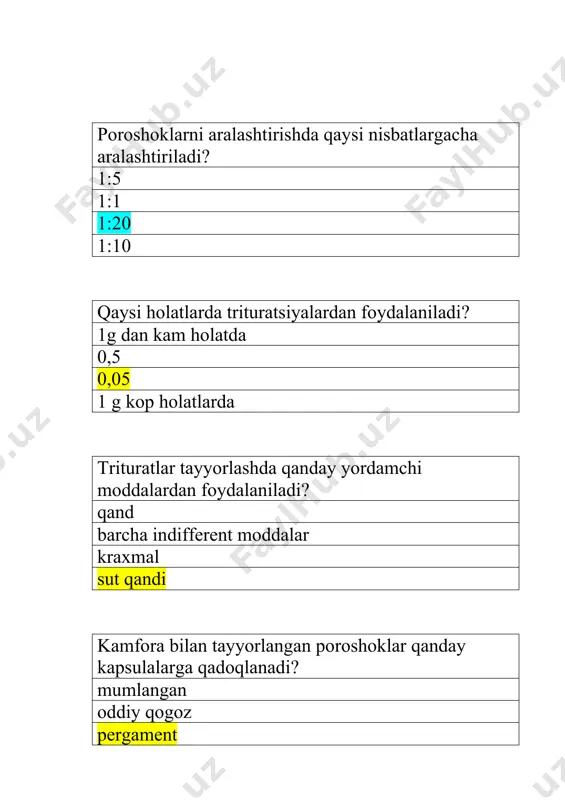 mkin. magniy oksid, oq gil, oltingugurt; kamfora, mentol, fenilsalitsilat; magniy karbonat, kraxmal, borat kislota; rux oksidi, talk, vismut nitrat; emulsiya bu: ion molekulyar sistemalar qattiq dispers faza va suyuq dispers muhitdan tashkil topgan dori turi; o�zaro aralashmidigan syuqliklar aralashmasi(moy va suv); eritmalarda tarqalgan makromolekular ekimakroionlar majmui 100,0 moyga qo�shiladigan moyni miqdorini hisoblang. 25,0; 50,0; 10,0; 5,0; moy ko�rsatilmagan bo�lsa qaysi moy ishlatiladi. vazelin moyi; shaftoli moyi; parafin; efir moylari; damlama olishdagi ekstraksiya tartibi: 30 daq qaynatib, 15 daq sovutamiz; 15 daq qaynatib, 45 daq sovutamiz; 30 daq qaynatib, 30 daq sovutamiz; 15 daq qaynatib, 30 daq sovutamiz; qaynatma olishdagi ekstraksiya tartibi: 30 daq qaynatib, 10 daq sovutamiz; 15 daq qaynatib, 45 daq sovutamiz; 30 daq qaynatib, 15 daq sovutamiz; 15 daq qaynatib, 30 daq sovutamiz; kuchli ta�sir etuvchi moddalar bilan suvli ajratmalar olish nisbatini ko�rsating: 1:10; 1:400; 1:20; 1:30; adonis o�ti bilan suvli ajratmalar olish nisbatini ko�rsating: 1:10; 1:30; 1:20; …