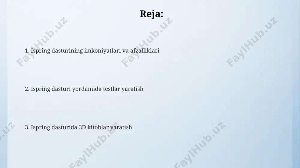 h animatsiyasi, o'tish animatsiyasi) va mulohazalarni sozlash imkoniyati mavjud. 3d kitoblarni yaratishga kirish 3d-kitoblarning har bir sahifasi uchun individual animatsiyalarni, 360° aylanishlarni va zoom effektlari bilan boyitib, foydalanuvchilar uchun jozibador va ta'sirli tajriba yarating. ishlash uchun 3d-modellarning 10 dan ortiq turini qo'llab-quvvatlovchi isspring suite'ning kengaytirilgan funksiyalaridan foydalaning va interaktiv 3d kitoblar yaratish uchun ulardan foydalaning. isspring'ning interfeysining soddaligi va intuitivligi tufayli, hatto dasturlash tajribasiga ega bo'lmagan foydalanuvchilar ham 2 soat ichida o'zlarining birinchi 3d kitoblarini yaratishga qodir bo'ladilar. test yaratishning asosiy bosqichlari ispring suite yordamida test yaratishda avvalo, 5 dan 10 tagacha savol tuzish, har bir savolga 4 ta variant qo'shish va to'g'ri javobni belgilash kerak. keyinchalik, testning murakkabligi darajasini (boshlang'ich, o'rtacha, yuqori) va vaqt chegarasini (masalan, 15 minut) belgilash mumkin. test natijalarini tahlil qilish uchun ispring suite statistik ma'lumotlarni, jumladan, to'g'ri va noto'g'ri javoblar sonini taqdim etadi. tayyor test va 3d kitoblarni eksport qilish eksport jarayoni odatda 1-5 minutni …