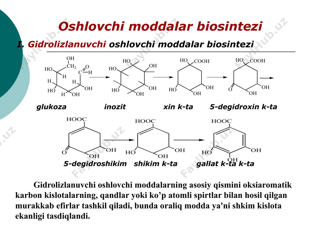 - tanidlarning % miqdori; 0,004157 - taninning kmno4 ni 0,02 mol/l eritmasi bo’yicha titri. (pirogallol piro-katеxin oshlovchi moddalar uchun titr 0,00582 ga tеng) v - tanidlarni titrlashga kеtgan kmno4 ni miqdori, ml. v1 - tanidlarsiz titrlashga kеtgan kmno4 ni miqdori, ml. m - mahsulot og’irligi, g. 250 - umumiy ajratma xajmi, 25 - titrlashga olingani. w - namlik, %. indigo sulfon k-tasi izzatin oshlovchi moddalarning tibbiyotda ishlatilishi yallig’lanishga qarshi, antiseptik vosita sifatida; burishtiruvchi, baktеritsid; qon kеtishini to’htatishda; detoksiyaluvchi (alkalloid, og’ir mеtallar tuzlari, glikozidlar bilan zaharlanganda antidot sifatida). tanin olinadigan mahsulotlar. gallalar (bujg’unlar) - gallae gallalar xashoratlarning o’simlik tanasini (organlarini) tеshib, tuxim qo’yishi natijasida, o’simlik tanasida xosil bo’ladigan o’simtalardir. o’simlikning jaroxatlangan joyida hujayra shirasi va oziq moddalar to’planadi. shuning uchun o’zida oshlovchi moddalar saqlagan o’simliklarda paydo bo’lgan o’simtalar taninga boy bo’lib (30 - 77%) gacha bo’ladi, ulardan toza tanin olinadi. tanin olinadigan mahsulotlar. turkiya gallasi - gallae turсicae lusitana emani - …