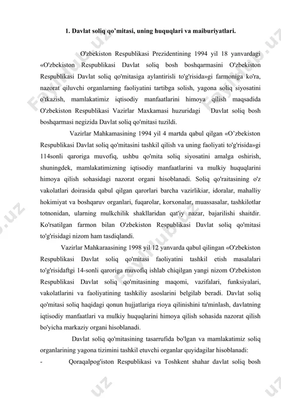 ash, davlatning iqtisodiy manfaatlari va mulkiy huquqlarini himoya qilish sohasida nazorat qilish bo'yicha markaziy organi hisoblanadi. davlat soliq qo'mitasining tasarrufida bo'lgan va mamlakatimiz soliq organlarining yagona tizimini tashkil etuvchi organlar quyidagilar hisoblanadi: - qoraqalpog'iston respublikasi va toshkent shahar davlat soliq bosh boshqarmalari; - viloyatlar davlat soliq boshqarmalari; - tumanlar, shaharlar va shaharlardagi tumanlar davlat soliq inspeksiyalari. o'zbekiston respublikasi davlat soliq qo'mitasi va unga qarashli muassasalarning mansabdor shaxslari huquqlari, majburiyatlari va javobgarligi «davlat soliq xizmati to'g'risida»gi o'zbekiston respublikasi qonuni bilan tartibga solinadi. quyidagilar o'zbekiston respublikasi davlat soliq qo'mitasining vazifalari hisoblanadi: a) o'zbekiston respublikasi da o'tkazilayotgan soliq siyosatini amalga oshirishda bevosita qatnashish; b) nazorat organlari tomonidan olib borilayotgan xo'jalik yurituvchi subyektlarning moliya-xo'jalik faoliyatini barcha tekshiruv va taftishlarini muvofiqlashtirish; v) quyidagilar bo'yicha ishni tashkil etish va ular ustidan nazorat qilish; - soliq haqidagi qonun hujjatlariga rioya etilishi, soliqlar, yig'imlar va boshqa majburiy to'lovlar (keying! o'rinlarda soliqlar deb yuritiladi) to'g'ri hisoblab chiqarilishi, to'liq va …