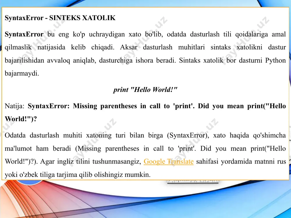 ython math moduli matematik operatsiyalar bilan shug'ullanish uchun mo'ljallangan muhim xususiyatdir. u standart python versiyasi bilan birga keladi va boshidanoq mavjud. uni chaqirish uchun dastur boshida import math deb kiritishni o’zi kifoya import math import math r=int(input(“radiusni qiymatini kiriting = “)) s=2*math.pi*r print(“s ning qiymati quyidagiga teng bo’ldi” , s) cheksizlik ∞ cheksizlikni raqam bilan aniqlash mumkin emas. aksincha, bu hech qachon tugamaydigan yoki cheksiz narsani ifodalovchi matematik tushunchadir. cheksizlik har ikki yo'nalishda ham, ijobiy yoki salbiy bo'lishi mumkin. berilgan qiymatni mutlaq maksimal yoki minimal qiymatga solishtirishni xohlaganingizda algoritmlarda cheksizlikdan foydalanishingiz mumkin . pythonda musbat va manfiy cheksizlik qiymatlari quyidagicha: >>> f"positive infinity = {math.inf}" ‘ positive infinity = inf ’ >>> f"negative infinity = {-math.inf}" ‘ negative infinity = -inf ‘ endigi kodda , 10 308 (suzuvchi nuqtali raqamning maksimal hajmi) math.inf qiymatidan kattaroqdir , bu ikki barobar aniqlikdagi raqam.x x = 1e308 math.inf > x true y = …