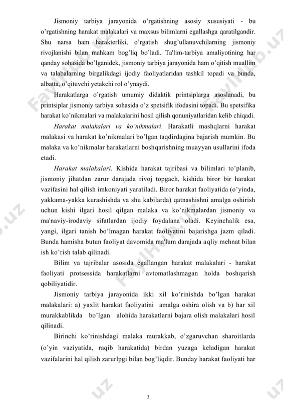 xil ko’rinishda bo’lgan harakat malakalari: a) yaxlit harakat faoliyatini amalga oshira olish va b) har xil murakkablikda bo’lgan alohida harakatlarni bajara olish malakalari hosil qilinadi. birinchi ko’rinishdagi malaka murakkab, o’zgaruvchan sharoitlarda (o’yin vaziyatida, raqib harakatida) birdan yuzaga kеladigan harakat vazifalarini hal qilish zarurlpgi bilan bog’liqdir. bunday harakat faoliyati har doim anglab, bilib bajariladi, bunday harakat faoliyati to’la avtomatlashgan, standart harakterda bo’la olmaydi. bu malakalar umumiy ko’nikmaga aylanmaydi. o’rganilgan harakat va jismoniy sifatlarni chaqqon va ijodiy ravishda qo’llanish har doim bu xil malakalarga xos xususiyat bo’lib qoladi. alohida harakatlarni bajara olish malakasi, odatda ko’nikma hosil qilishga tomon qo’yilgan bir qadam bo’ladi. o’rganish jarayonida bu malakalar harakat tеxnikasini dastlabki umumiy tarzda egallashdan tortib, mukammal ravishda egallagunga qadar ryvojlanadn. oddiy yoki murakkab harakatlarni bajara olish qobiliyati bu harakatlarni bajarish uchun, butun harakat aktini bajarish uchun diqqatni to’plash talab qilingunga qadar malaka doirasida bo’ladi. harakat ko’nikmalari. harakatli mashqlarni ko’p marotaba stеrеotip tarzda takrorlash ko’nikma …