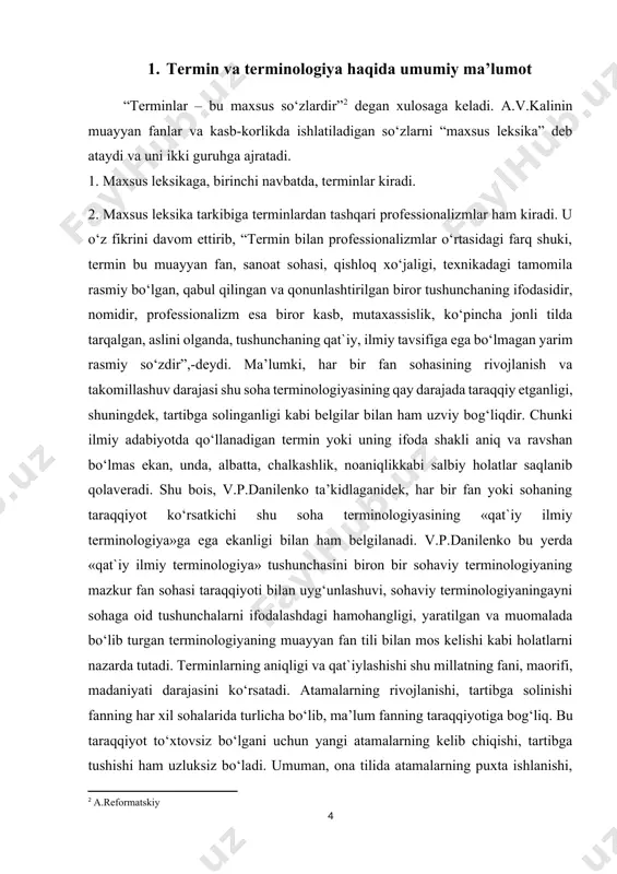 ladi. umuman, ona tilida atamalarning puxta ishlanishi, tartibga solinishi darslik va qo‘llanmalar tuzish uchun ham, ona tilida dars olib borish uchun ham zarur bo‘lgan manbadir. shu boisadan bugungi o’zbek tilshunosligida terminologiya masalariga ahamiyat yildan yilga takomillash bormoqda. zeroki, atamalarning ishlanmaganligi va tartibga solinmaganligi nutq uslubiga ham ta’sir ko‘rsatadi. terminologiya voqelikni tushunishning ma’lum bir belgilangan sitemasini ifodalab, intelektual aloqa kanalining biri hisoblanadi. vinogradovning fikriga ko’ra “terminlarni yaratish va belgilashning ikki tomoni, ikki nuqtai nazari mavjud: til strukturasi va tushunish, semantic shartli ravishda ilimdagi u yoki bu tushunish sistemasining rivojlanishi” deya izoh beradilar. tilshunoslikda terminlarning o‘zgarishi hamda yangi terminlarning paydo bo‘lishi fan va texnika taraqqiyoti bilan uzviy bog‘liqdir. bu haqda tilshunos olim l.i.bojno quyidagilarni ta’kidlaydi: «texnika taraqqiyoti ta’sirida terminologiya o‘zaro aloqador ikki qonuniyat asosida, birinchidan, ilmiy-texnika progressi qonuniyatlari bilan, ikkinchidan, til rivojlanishining umumiy qonuniyatlari bilan bog‘liq ravishda o‘zgarib boradi» texnik malakaning endilikda ma’lum tor doiradan chiqib, ommaviy xarakterga ega bo‘layotganligi va turli …