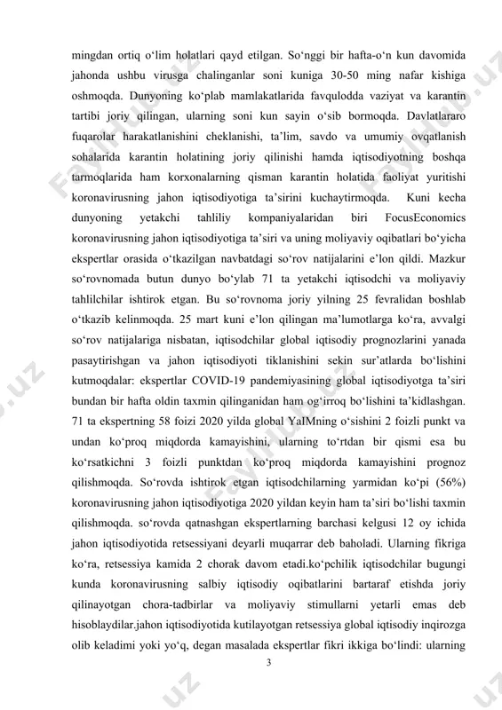 ing ob’ekti: . makroiqtisodiyot fanining shakllanishi, resurslar,tovarlar va xizmatlar hamda daromadlar va xarajatlarning doiraviy oqimi modeli va makroiqtisodiyotning muhim muammolarini o’rganish ob’ekti hisoblanadi. kurs ishining predmeti: makroiqtisodiyot fanining tadqiqiot usullari va resurslar,tovarlar va xizmatlar hamda daromadlar va xarajatlarning doiraviy oqimi modelllarini o’rganish darajalari predmeti hisoblanadi. kurs ishining maqsadi: kurs ishini yozishdan maqsad covid – 19 pandemiyasining muhim muammolari va ularni yechimini topish yo’llari hamda jahon iqtisodiyotiga va o’zbekiston iqtisodiyotiga ta’sirini yumshatish. kichik bizneslarni saqlab qolish yollarini va pandemiyalarning iqtisodiyotga boladigan tasirini organishdan iboratdir. kurs ishining vazifalari: kurs ishida qo’yilgan maqsadga erishish uchun quyidagi vazifalar belgilab olingan: · covid – 19 handemiyasi haqida · jahon iqtisodiyotiga ta’siri · pandemiyaning markaziy osiyoga ta’siri · pandemiyaning o’zbekiston iqtisodiga ta’siri · yirik davlar iqtisodidagi o’zgarishlar · pandemiyaning oldini olish uchun ko’rilgan chora tadbirlar 1.1. covid-19 ning o’zbekiston iqtisodiyotiga tasiri i.bobo covid 19 davrida o’zbekiston iqtisodiyotidagi o’zgarishlar dunyo iqtisodiyotiga yetkazilgan zararni inqiroz cho‘qqisidan o‘tilganidan so‘ng, …