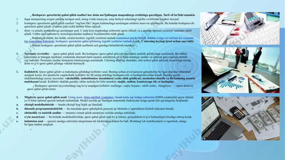 tadbiq etishiga olib kelishi mumkin. inert qarorlar — uzoq va ishonchli bo‘lmagan qidiruv natijasidir. dastlabki gipoteza hosil bo‘lgach, uni aniqlash juda sekin boradi. baholash giperkritik, har bir qadamni inson bir necha bor tekshiradi. bu esa qaror qabul qilish jarayonini sekinlashuviga olib keladi. tavakkal qarorlar — impulsiv qarorlar kabi, ammo ulardan individual taktikasiga ko‘ra farqlanadi. impulsiv qaror asoslangan gipoteza bosqichidan sakrab o‘tsa, tavakkal qaror ularni bosib o‘tadi. ammo odam faqat anglashilmovchilik vujudga kelganda baholaydi. ehtiyot turidagi qaror — gipotezani aniq baholash bilan aniqlanadi. inson bir xulosaga kelishdan avval turli tayyorlov ishlarini amalga oshiradi. ehtiyotkor insonlar o‘zlarining ijobiy ishlariga nisbatan salbiy ishlariga ta’sirchandirlar. ular yutuqlardan xursand bo‘lishdan ko‘ra ko‘proq xatoliklardan cho‘chiydilar. shuning uchun ham ehtiyotkorlarning taktik usullari xatolarga yo‘l qo‘ymaslikdir. boshqaruv qarorlarinung samaradorlik shartlari. boshqaruv qarori samarali bo‘lishi uchun, bir necha omillarni hisobga olmoq zarur. qaror qabul qilishdagi iyerarxiya. maqsadli funksiyalararo guruh ishlatish. qaror qabul qilishdagi to‘g‘ri gorizontal aloqalarni ishlatish.. boshqaruv qarorlarining …