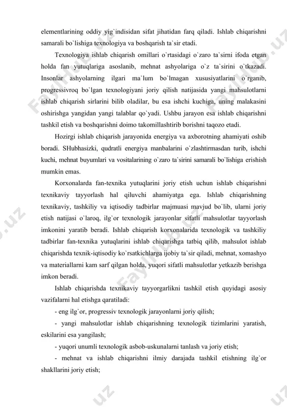 ahsulot ishlab chiqarishda texnik-iqtisodiy ko`rsatkichlarga ijobiy ta`sir qiladi, mehnat, xomashyo va materiallarni kam sarf qilgan holda, yuqori sifatli mahsulotlar yetkazib berishga imkon beradi. ishlab chiqarishda texnikaviy tayyorgarlikni tashkil etish quyidagi asosiy vazifalarni hal etishga qaratiladi: - eng ilg`or, progressiv texnologik jarayonlarni joriy qilish; - yangi mahsulotlar ishlab chiqarishning texnologik tizimlarini yaratish, eskilarini esa yangilash; - yuqori unumli texnologik asbob-uskunalarni tanlash va joriy etish; - mehnat va ishlab chiqarishni ilmiy darajada tashkil etishning ilg`or shakllarini joriy etish; - yuqori malakali kadrlar tayyorlash va ularning malakasini oshirish. ishlab chiqarishni texnikaviy tayyorlashdan ko`zlangan maqsad ilmiy ishlab chiqarish tsiklini yaratish, ishlab chiqarishning texnikaviy darajasini ko`tarish asosida mehnat unumdorligini oshirish, korxonalarning bir tekisda, uzluksiz va bir me`yorda ishlashini ta`minlashdir. ilmiy – texnika taraqqiyoti, yevropa mamlakatlari iqtisodiyotining yuksalishi, “yapon mo``jizasi”ning yuzaga kelishi natijasida ushbu mamlakatlardagi korxonalarda mahsulot sifatini boshqarishning murakkab tizimlari shakllantirila boshlandi. bu tizimlar tarqala boshlaganda bozor sifatning narxdan muhimligini angladi, natijada amerika biznesi 70 …