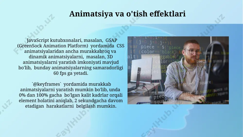 o'lchamlarini aniqlashda muhimdir. `position` xususiyati elementning joylashuvini belgilashda 4 ta asosiy qiymatlardan birini – `static`, `relative`, `absolute`, yoki `fixed` – ishlatadi va bu elementning o'ziga nisbatan yoki ota-elementga nisbatan joylashuvini aniqlaydi. bu 20px dan 50px gacha bo'lgan siljishni amalga oshirishga imkon beradi. responsiv dizayn asoslari responsiv dizayn viewport meta tegidan (meta name="viewport" content="width=device-width, initial-scale=1") foydalanishni ham o'z ichiga oladi, bu esa sahifaning qurilmaning ekran kengligiga moslashishiga yordam beradi. responsiv dizaynning asosiy tamoyillaridan biri – turli ekran o‘lchamlariga (masalan, 320px dan 1920px gacha) moslashuvchan tarzda sahifani ko‘rsatish uchun css media so‘rovlardan foydalanishdir. o'zgaruvchilar va funksiyalar javascript orqali html elementlarining xususiyatlarini o'zgartirishda, 100 ta elementni tanlash va ularning uslublarini bir vaqtning o'zida funksiya yordamida o'zgartirish mumkin, bu esa kodni qisqartiradi va samaradorligini oshiradi. html va css da o'zgaruvchilar mavjud emas, lekin javascript kabi skript tillari bilan birgalikda ishlatilganda, 20 dan ortiq turdagi ma'lumot turlarini saqlash va ular bilan ishlash imkoniyati paydo bo'ladi. …