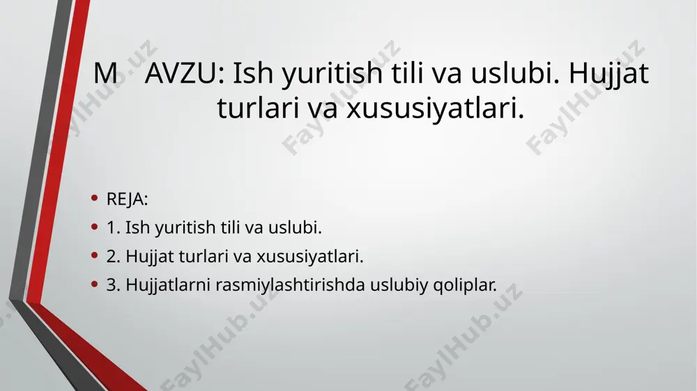 ng xolislik, aniqlik, ixchamlik, loʻndalik, mazmuniy toʻliqlikdan iborat zaruriy sifatlari, hujjatchilik tilining oʻziga xos uslubi morfologik va sintaktik xususiyatlar orqali ta’min etiladi. hujjat matni yuqorida sanalgan xususiyatlarga ega boʻlmasa, bunday hujjat yaroqsiz holga keladi va ish yuritishning samaradorligini pasaytiradi. hujjatlar tilida ot turkumiga oid soʻzlar koʻp qoʻllanadi. hatto fe’l bilan ifodalanuvchi harakat va holatlar ifodasi uchun ham otga yaqin soʻz shakllari tanlanadi, ya’ni harakat nomi shakli. masalan: tayyorgarlikning borishi haqida… qarorning bajarilishi toʻgʻrisida… yordam berish maqsadida… qabul qilishingizni soʻrayman… fe’l shakllarining qoʻllanishida ham birmuncha oʻziga xosliklar mavjud. xususan, majhul nisbatdagi 3-shaxs buyruq-istak maylidagi yoki oʻtgan zamondagi fe’l shakllarining qoʻllanish darajasi ancha yuqori: topshirilsin tasdiqlansin boʻshatilsin tayinlansin eshitildi qaror qilindi koʻrsatib oʻtildi kishilar rasmiy ish yuritishda tilning imlo qoidalariga amal qilishga majburdirlar. 1995-yilning 24-avgustida tasdiqlangan “oʻzbek tilining asosiy imlo qoidalari” da : 1. harflar imlosi 2. asos va qoʻshimchalar imlosi 3. qoʻshib yozish 4. chiziqcha bilan yozish 5. ajratib yozish 6. …
