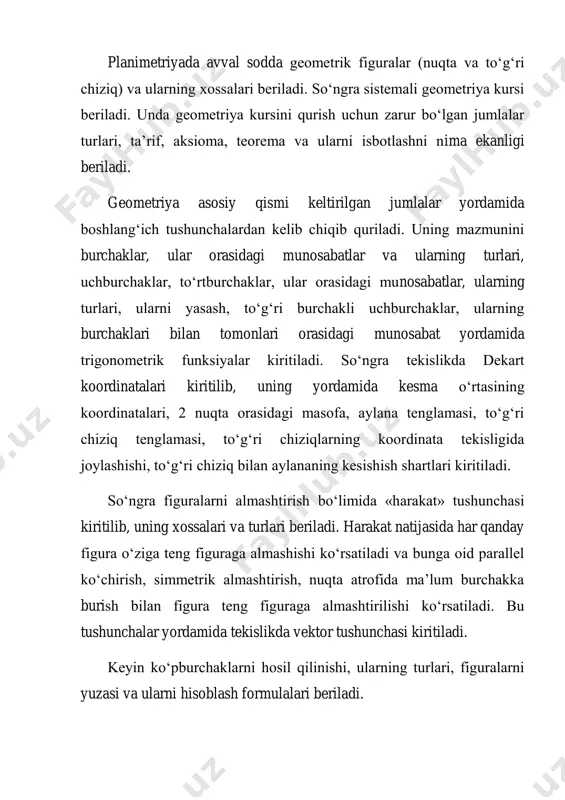rpendikulyarligi xaqidagi ma’lumotlar beriladi. sо‘ngra fazoda dekart koordinatalar sistemasi va fazoda vektorlar haqidagi tushuncha beriladi. kо‘pyoqlar, ularning turlar va kо‘pyoqlarga tegishli masala va mulohazalar, aylanma jismlar – silindr, konus, shar va uning tenglamasi haqidagi tushunchalar va ularning hajmi va sirtlari haqidagi ma’lumot beriladi. yuqorida keltirilgan tushunchalar bir-birini tо‘ldirib sistemani tashkil qiladi.