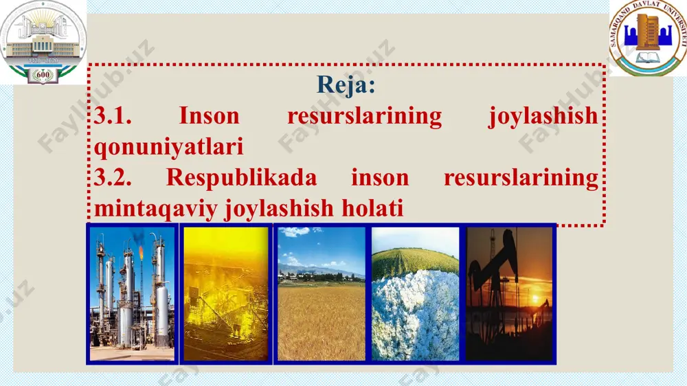 avbatida bu omillar ham bir-biri bilan bevosita bog‘langandir. samarali hududiy mehnat taqsimoti shuni ko‘rsatadiki, har bir iqtisodiy rayonda ma’lum turdagi mahsulot ishlab chiqarilishi rivojlanadi. aynan shu mahsulotlar ishlab chiqarilishiga umumiy mehnat sarfi kam bo‘ladi va tabiiy hamda mehnat resurslarining to‘liq ishlatilishini ta’minlaydi. bozor iqtisodiyoti sharoitida davlat ishlab chiqarish kuchlarini oqilona joylashtirish muammolariga asosiy e’tiborni qaratgan. natijada yillar mobaynida qoloq viloyatlarda sanoat ishlab chiqarishi paydo bo‘ldi. har bir hududda quyidagi sanoat tarmoqlari rivojlandi: mashinasozlik, kimyo, energetika, yengil va oziq-ovqat sanoati. image2.jpg image3.png image4.jpeg image5.png image6.png image7.png image8.png image9.png image10.png image11.png image12.png image13.png image14.png image15.png image16.png image17.jpeg /docprops/thumbnail.jpeg