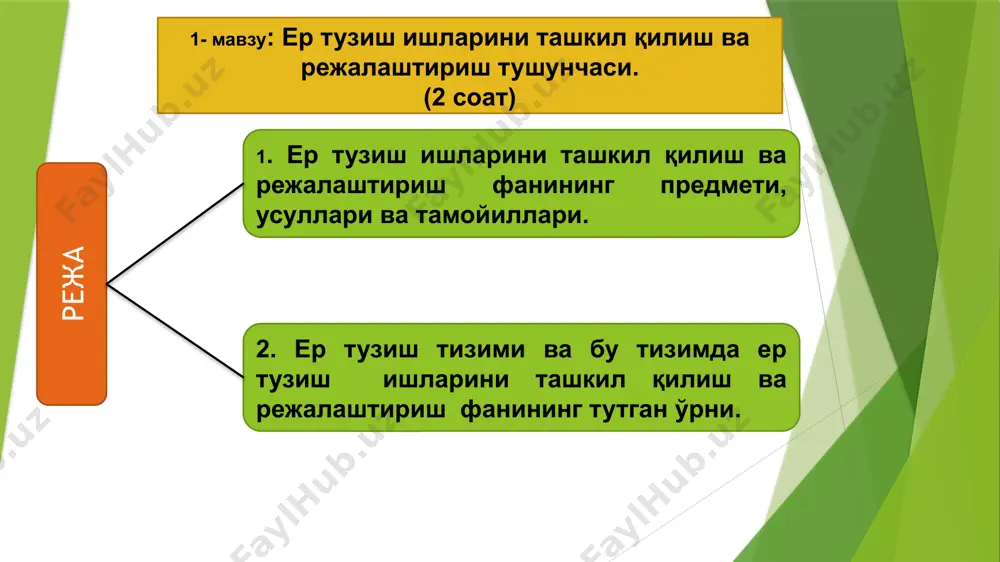 фаолияти юзасидан булимига ега бўладилар. қандай харакатлар асосида ишлаб чиқариш булинмалари фаолиятига рахбарлик амалга оширилади ? ишлаб чиқаришни ташкил қилиш деганда нимани тушунасиз? режалаштириш деганда нимани тушунасиз? бошқарув деганда нимани тушунасиз? меьерлар орқали қандай ишлар амалга оширилади? ер тузиш тизими қандай сохага киради? ер тузиш тизими нечта таркибий қисмлардан иборат? талабалар билимини текшириш учун блиц саволлар image1.png image2.png image3.png image4.jpg /docprops/thumbnail.jpeg